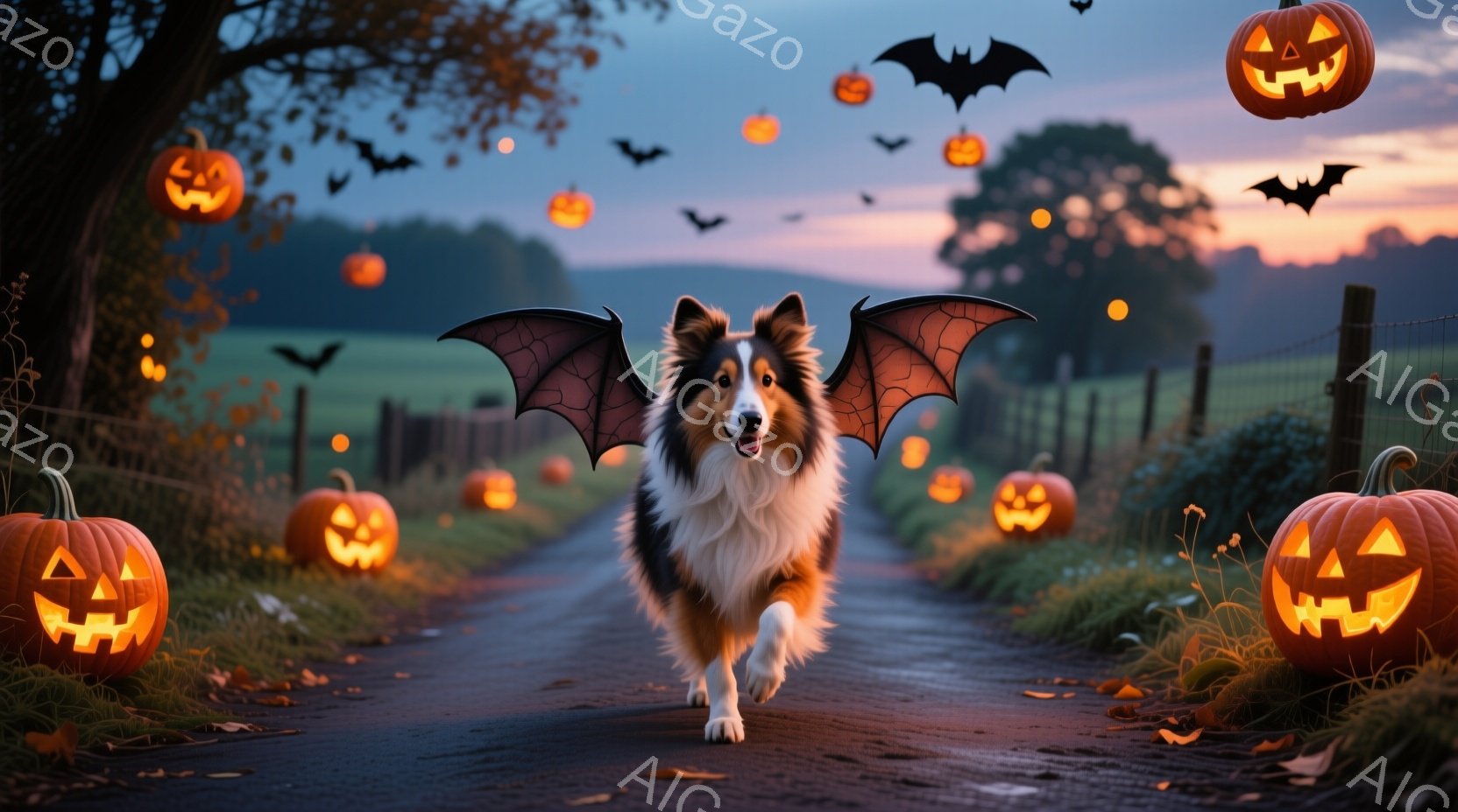長毛のシェットランドシープドッグが、ハロウィーンの装飾が施された道の中央を駆けている。背中にはコウモリの羽が取り付けられており、まるで空を飛んでいるかのような印象を与える。背景にはオレンジ色のジャック・オー・ランタンが所々に配置され、夕焼け空と合わせて、幻想的で楽しげなハロウィーンの雰囲気を醸し出している。