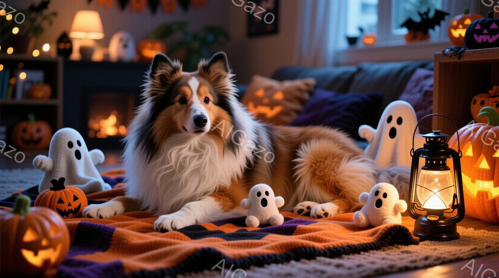 長毛のコリー犬がオレンジと紫色の縞模様の毛布の上で横たわり、ハロウィーンのデコレーションに囲まれています。犬はリラックスした表情で、周囲の白いお化けやカボチャのおもちゃ、点灯したランタンに囲まれていま - AI生成フリー素材
