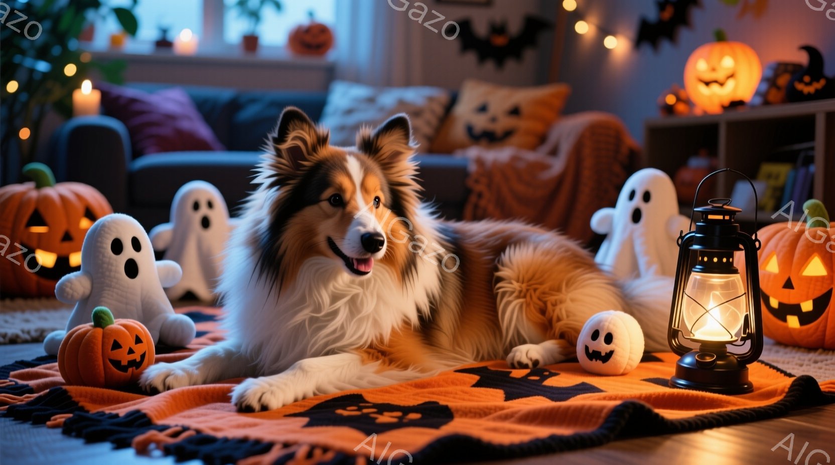 鮮やかなオレンジと黒のハロウィン柄のブランケットの上に、美しい毛並みのコリー犬がリラックスして横たわっています。周囲には、様々な大きさのハロウィンのカボチャの置物や、可愛らしいお化けのぬいぐるみ、そし - AI生成フリー素材