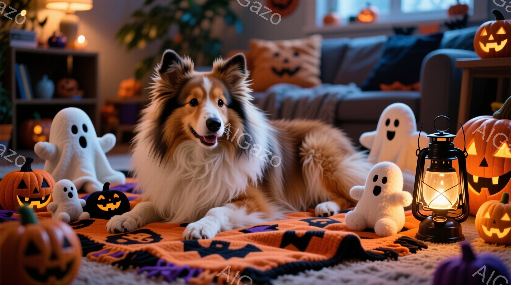 長毛のコリー犬が、ハロウィーンをテーマにした紫とオレンジの毛布の上に横たわっています。周りには、様々な大きさの白いお化けのぬいぐるみや、ジャック・オ・ランタンの置物が散りばめられ、ハロウィーンの雰囲気を盛り上げています。背景には、ハロウィーンの装飾が施されたソファや、灯りのついたランタンが見え、暖かくお祝いムードに包まれた室内が表現されています。