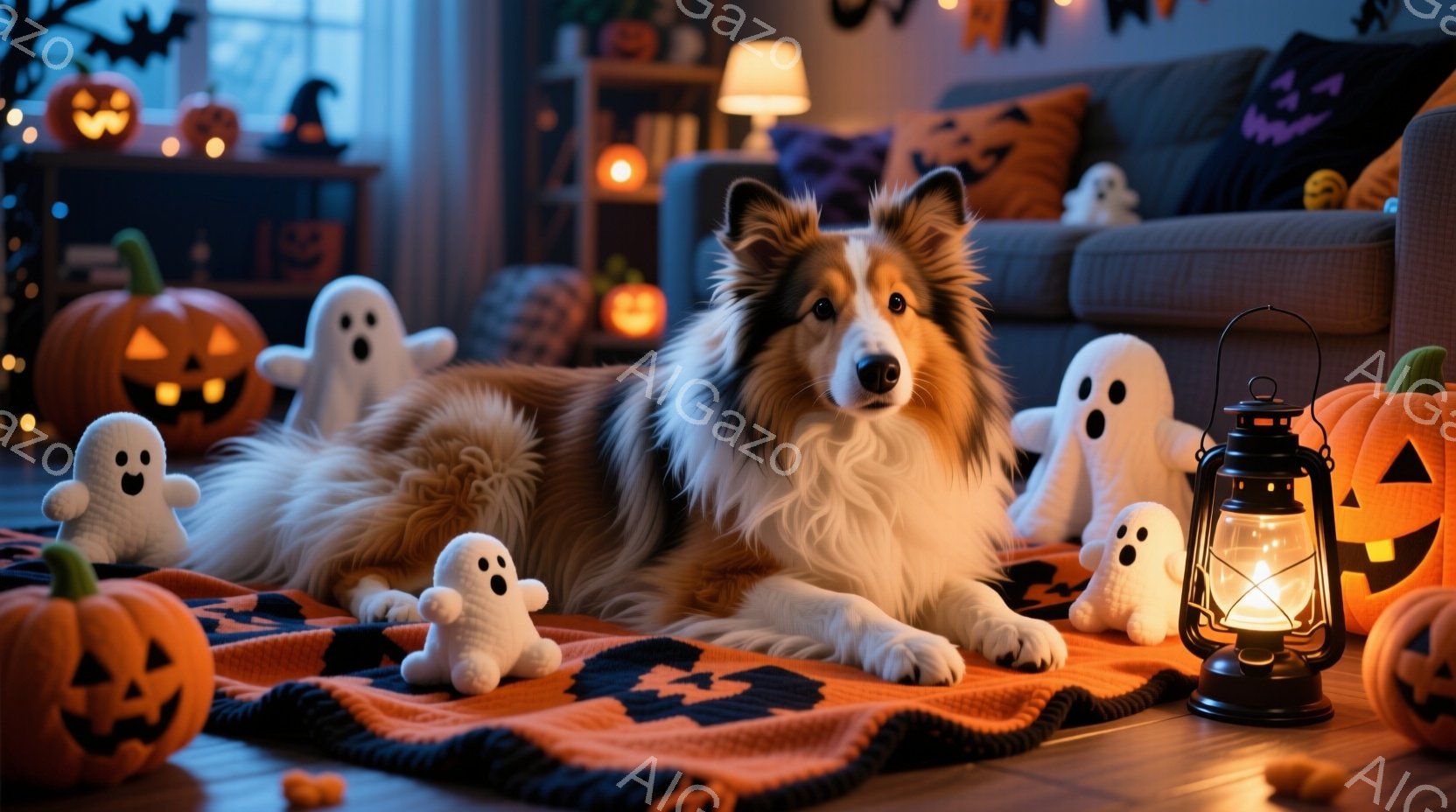 長毛のコリー犬がオレンジと黒のブランケットの上に横たわり、周囲にはたくさんの白いお化けのぬいぐるみが置かれています。背景にはハロウィーンの装飾が施されたソファや、カボチャのランタンがぼんやりと光ってお - AI生成フリー素材