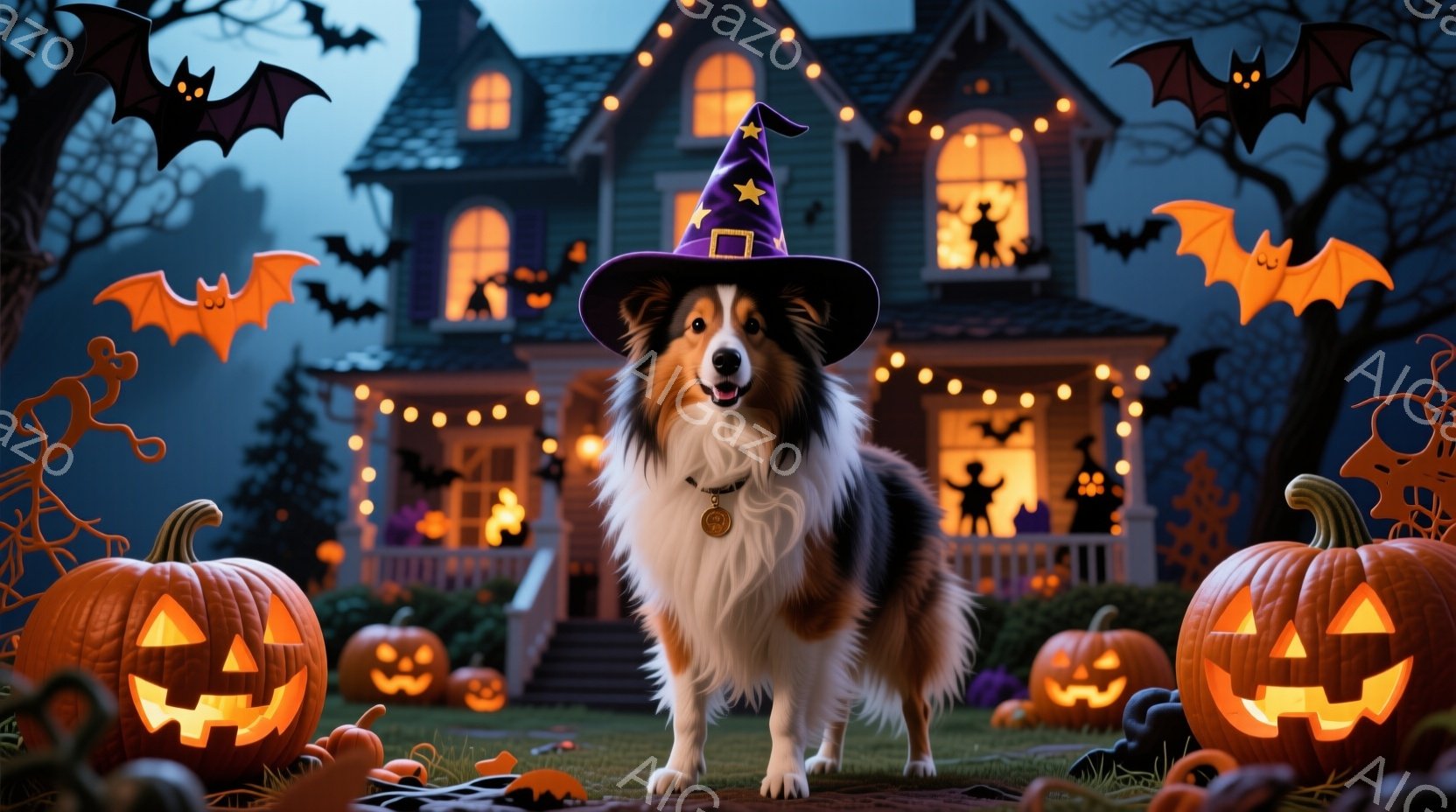 美しい毛並みのボーダーコリーが、ハロウィーンの魔女帽子を被り、庭で立っている。背景には、窓からオレンジ色の光が漏れる、可愛らしい一軒家と、ハロウィーンの装飾であるカボチャやコウモリが並び、お祝いの雰囲気を演出している。夜空は暗く、全体的に少し不気味ながらも温かく、楽しいハロウィーンの夜の様子が表現されている。