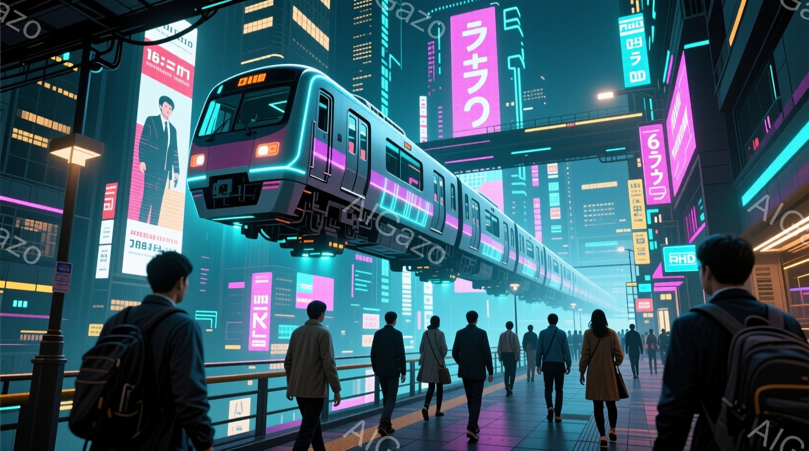 未来都市のプラットフォームに人々が立っており、多くの人はスーツやジャケットを着て、リュックサックを背負っている。高架線の上を未来的な電車が走り、背景にはネオンライトで彩られた高層ビル群が広がり、雨が降 - AI生成フリー素材