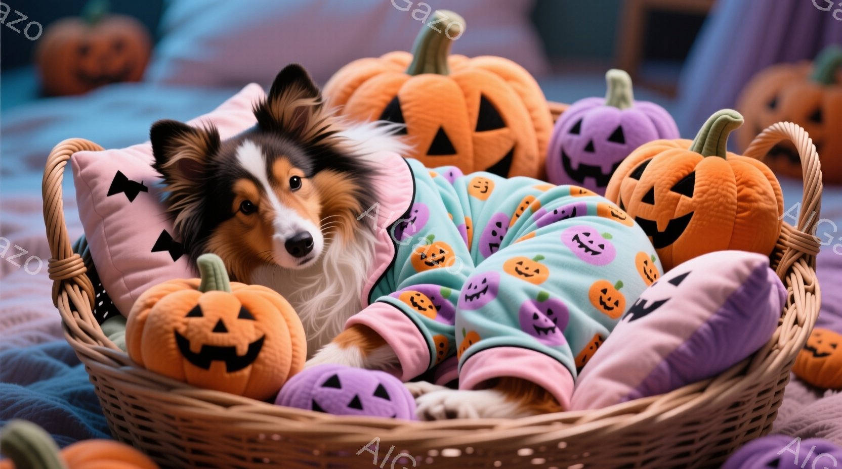 茶色と白の毛並みのシェットランドシープドッグが、かぼちゃ柄の可愛いパジャマを着て、編み込みのバスケットの中にいます。周囲にはオレンジと紫のかぼちゃのぬいぐるみがたくさん置かれ、心地よい秋の雰囲気を作り出しています。犬は少し顔を覗かせ、リラックスした表情でバスケットの中で丸まっています。