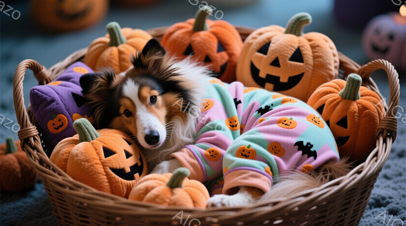 籠の中に、ハロウィーンの装飾で覆われた犬が横たわっています。犬は明るい毛並みで、ピンクとオレンジのハロウィーン柄のブランケットに包まれ、少し安心した表情をしています。背景には、同じくハロウィーンのカボチャの装飾が散りばめられ、全体的に温かく、季節感あふれる雰囲気が漂っています。