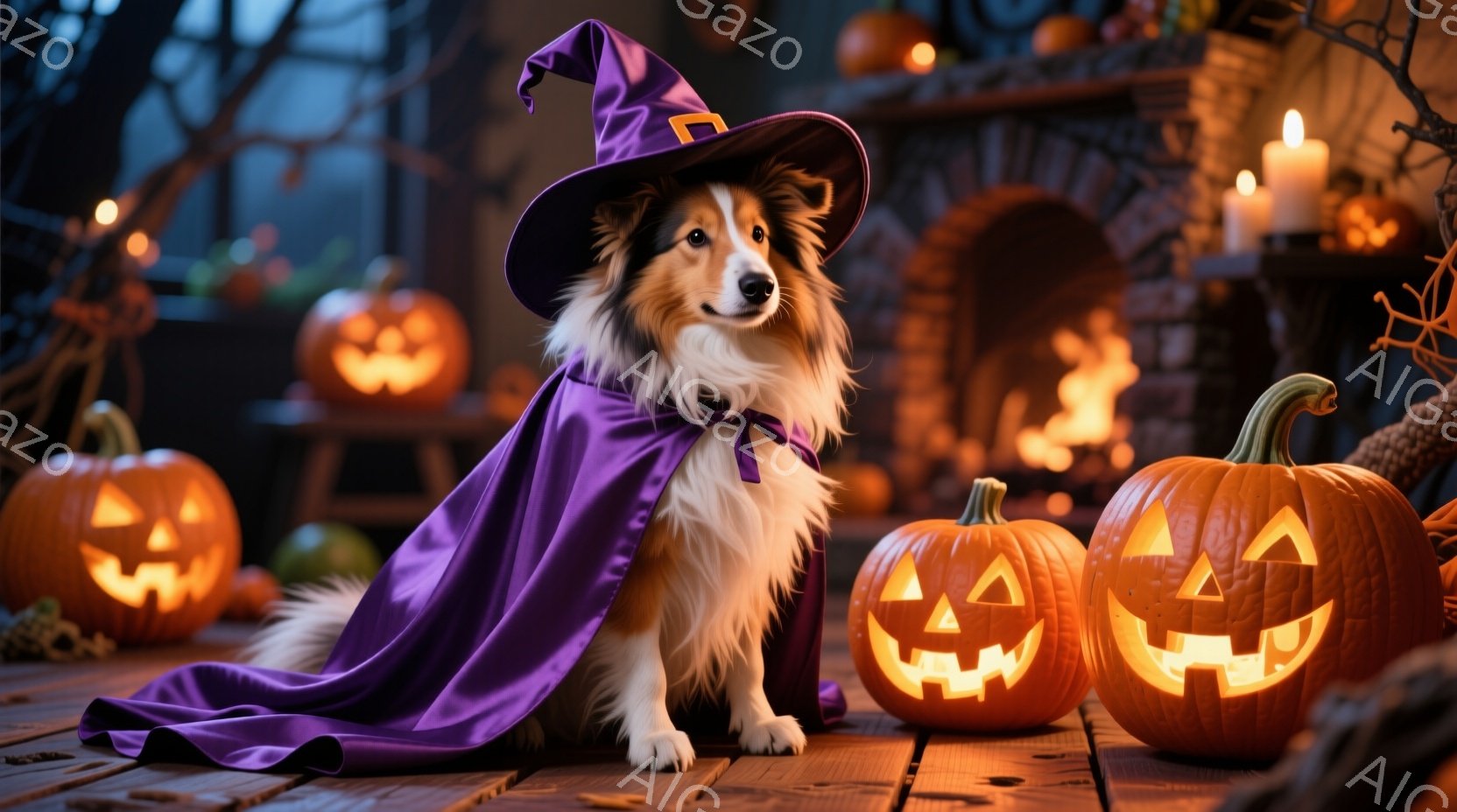長毛のコリー犬が紫色のローブと魔女帽子を身につけて、ハロウィーンの装いをしています。犬は正面を向き、穏やかな表情で座っており、その周りにはジャック・オー・ランタンが置かれています。背景には暖炉の火が灯 - AI生成フリー素材