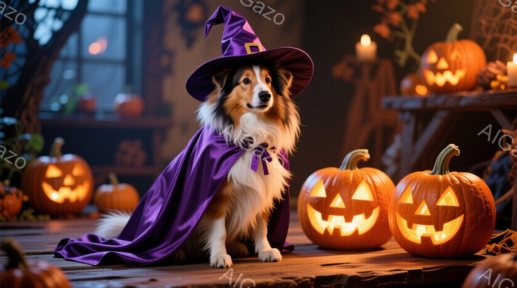 鮮やかな紫色のマントと、黒い魔女帽子を身につけたボーダーコリーが、ハロウィーンの飾り付けられた背景の中で座っています。暖かく光るジャック・オー・ランタンが数個置かれ、部屋は薄暗く、趣のある雰囲気が漂っています。犬は少し前を見据え、静かにハロウィーンの夜を楽しんでいるようです。