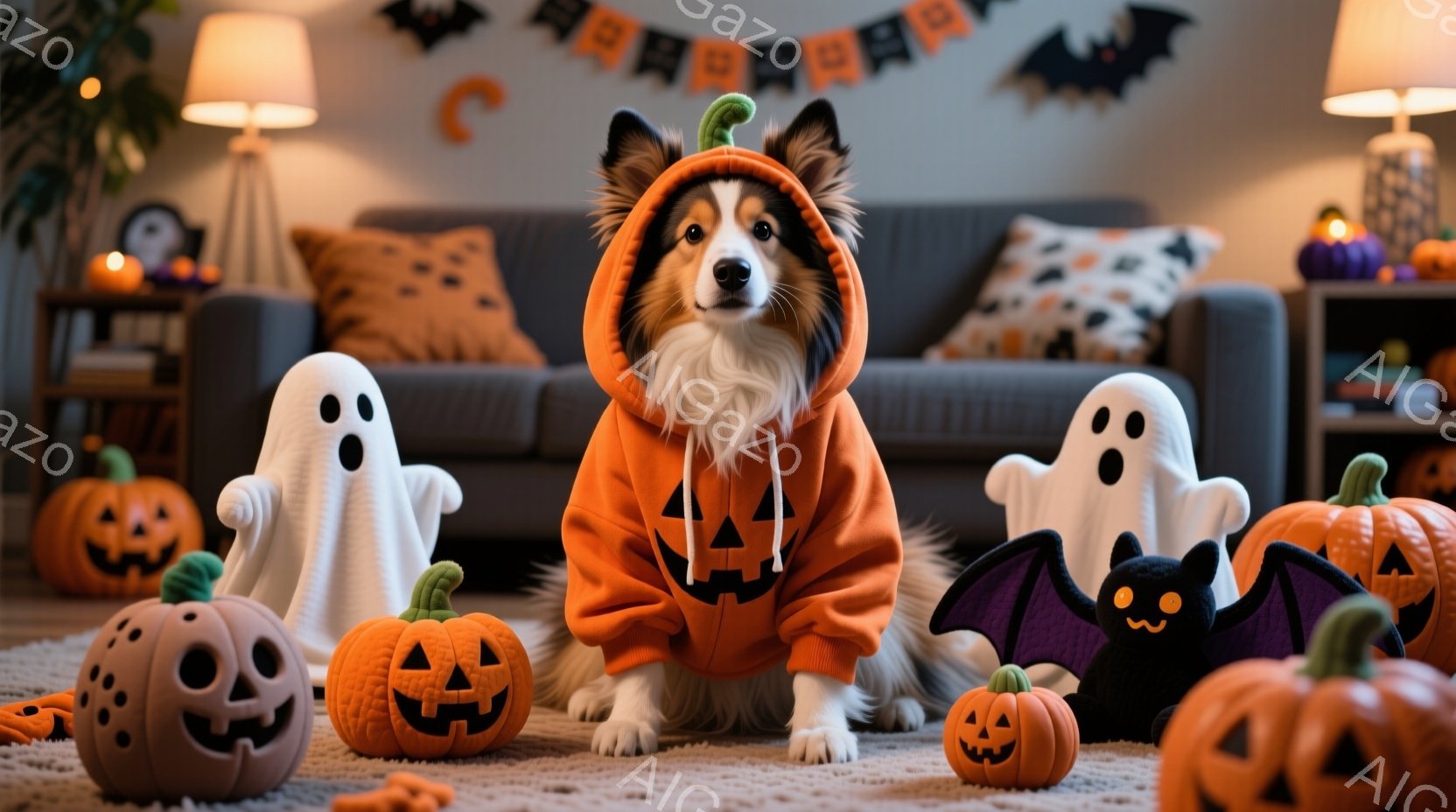 長毛の犬がハロウィーンの衣装を着て、床に座っています。オレンジ色のカボチャの柄が入ったパーカーのような衣装を着ており、頭にはカボチャの突起があります。背景には、ハロウィーンの装飾、カボチャ、幽霊、コウ - AI生成フリー素材