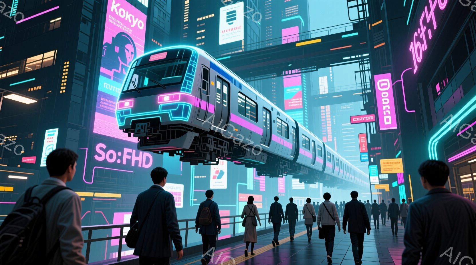 未来都市のプラットフォームに人々が立っている様子が描かれています。彼らは皆、ダークカラーのスーツやジャケットを着ており、フォーマルな服装です。背景には高層ビル群が立ち並び、ネオンサインが輝き、活気ある - AI生成フリー素材