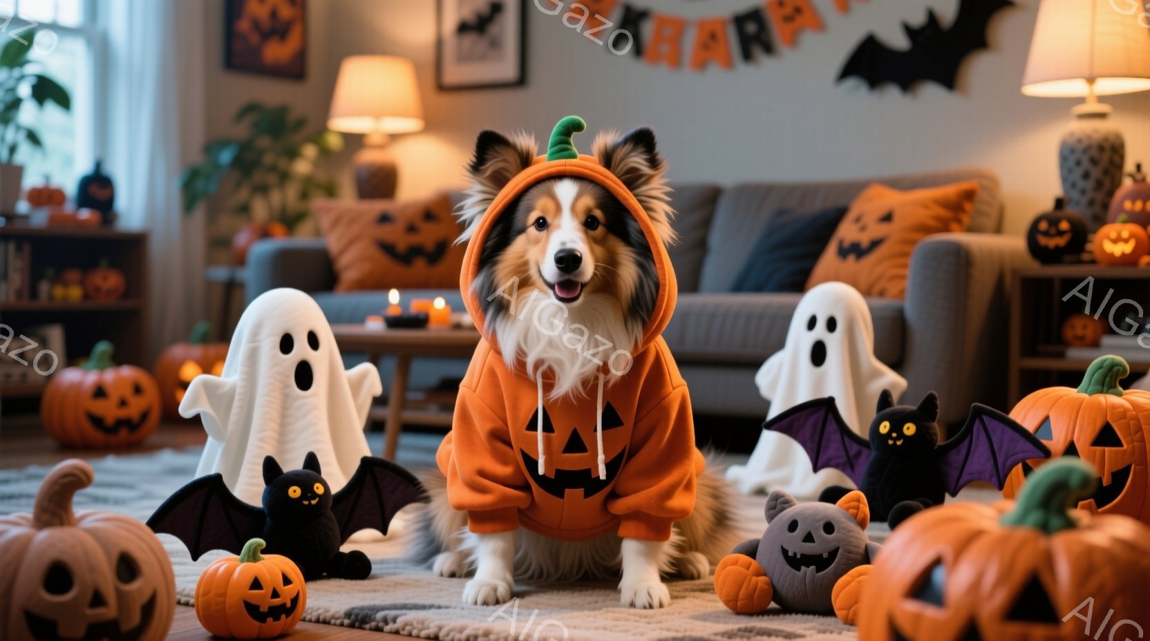 オレンジ色のカボチャの衣装を着た美しいコリー犬が、ハロウィーンのデコレーションに囲まれて座っています。犬は前足を伸ばし、穏やかな表情でカメラを見つめています。背景には、ハロウィーンをテーマにしたクッシ - AI生成フリー素材