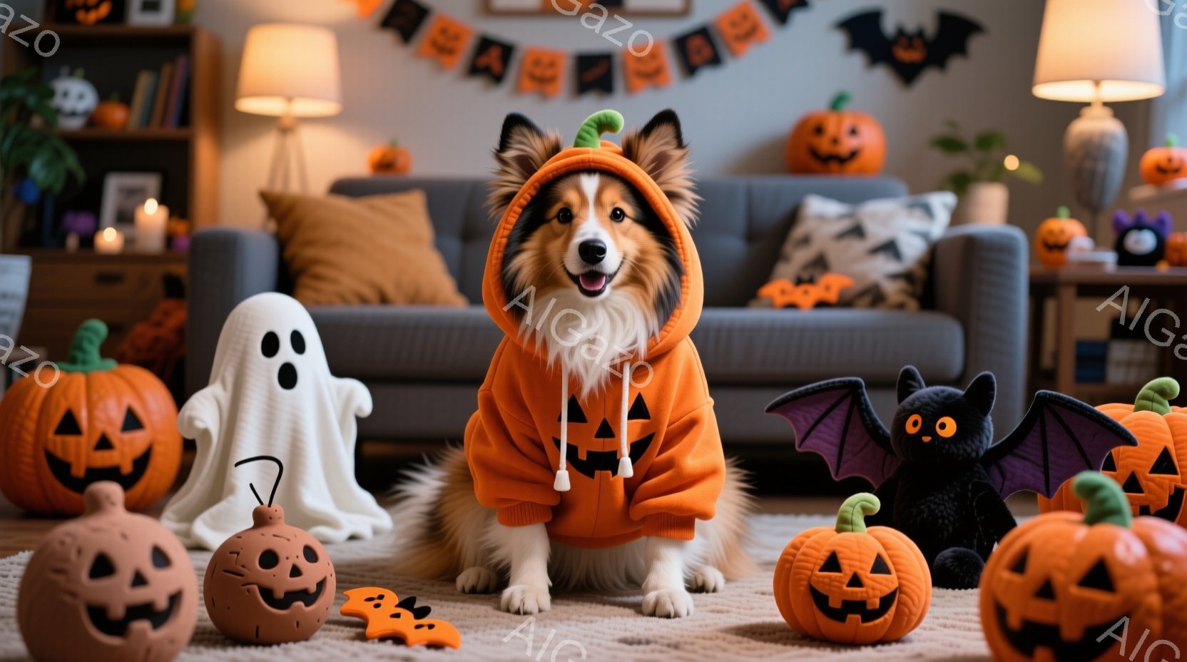 オレンジ色の背景に、ハロウィーンの飾り付けがされたリビングルームで、コリー犬がカボチャのコスチュームを着て座っています。犬は正面を見ており、穏やかで満足そうな表情をしています。周囲には、カボチャのランタン、お化け、コウモリの人形が配置され、お菓子も散らばっており、ハロウィーンの楽しい雰囲気を演出しています。