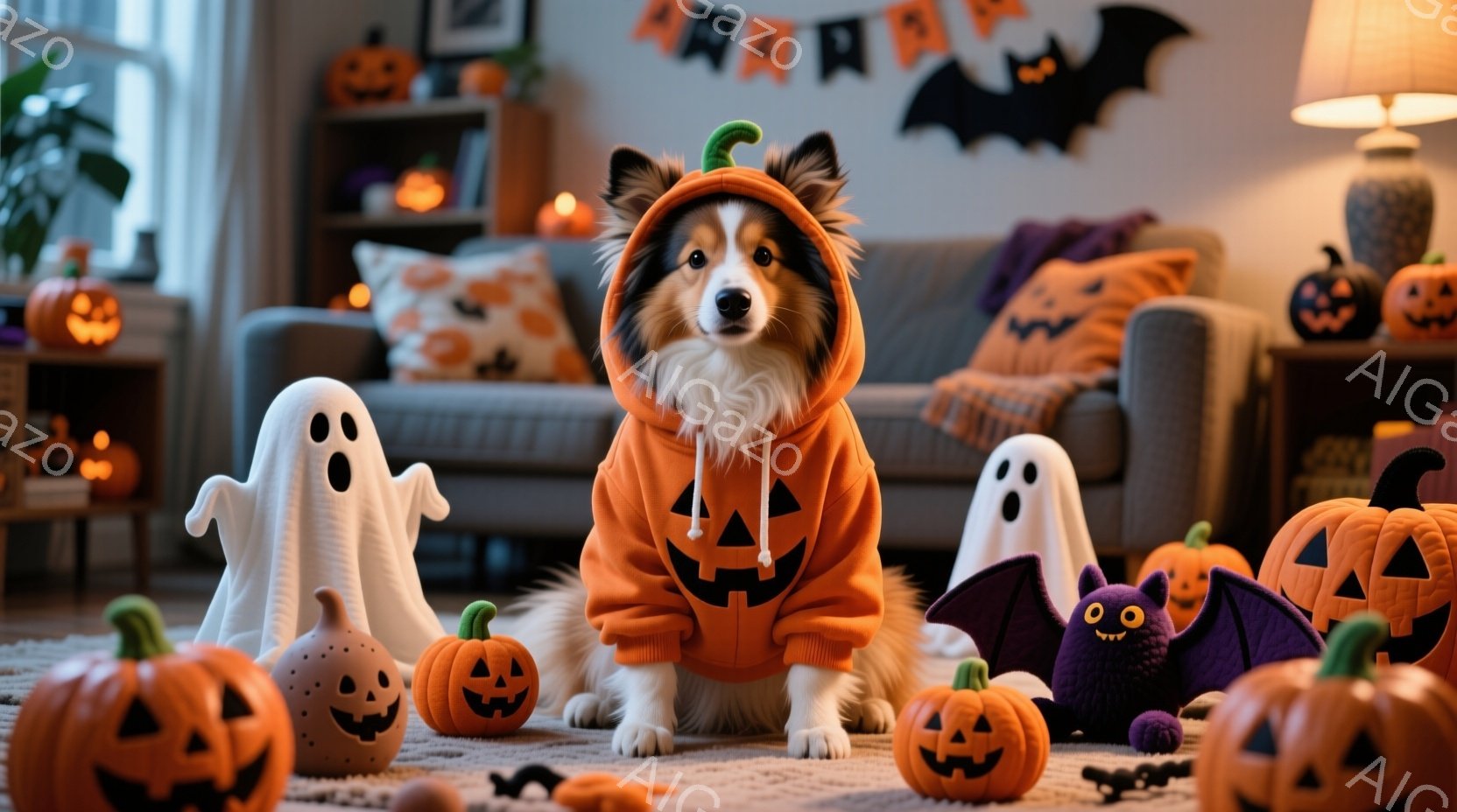 ハロウィーンの装飾に囲まれた、オレンジ色のカボチャの衣装を着たボーダーコリーが座っています。犬は正面を向き、少し微笑んでいるように見え、ハロウィーンの装飾と一体となって、温かく楽しい雰囲気を醸し出して - AI生成フリー素材