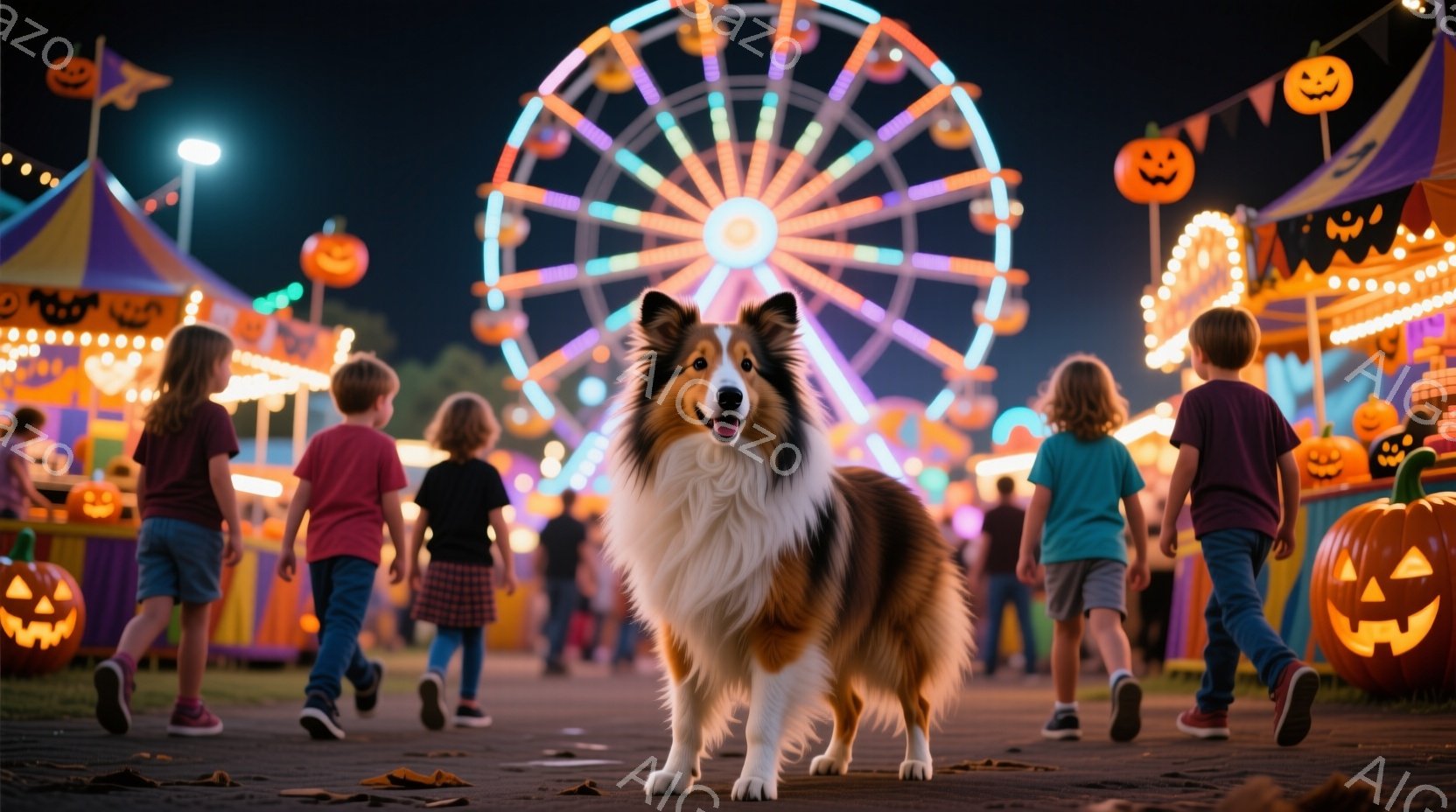 遊園地の正面に立つコリー犬が写っています。背景には、ハロウィーンの飾り付けが施された建物、観覧車、そして楽しそうに歩く子供たちの姿が見えます。夜間であり、多くのライトが点灯しており、お祭り気分を盛り上 - AI生成フリー素材