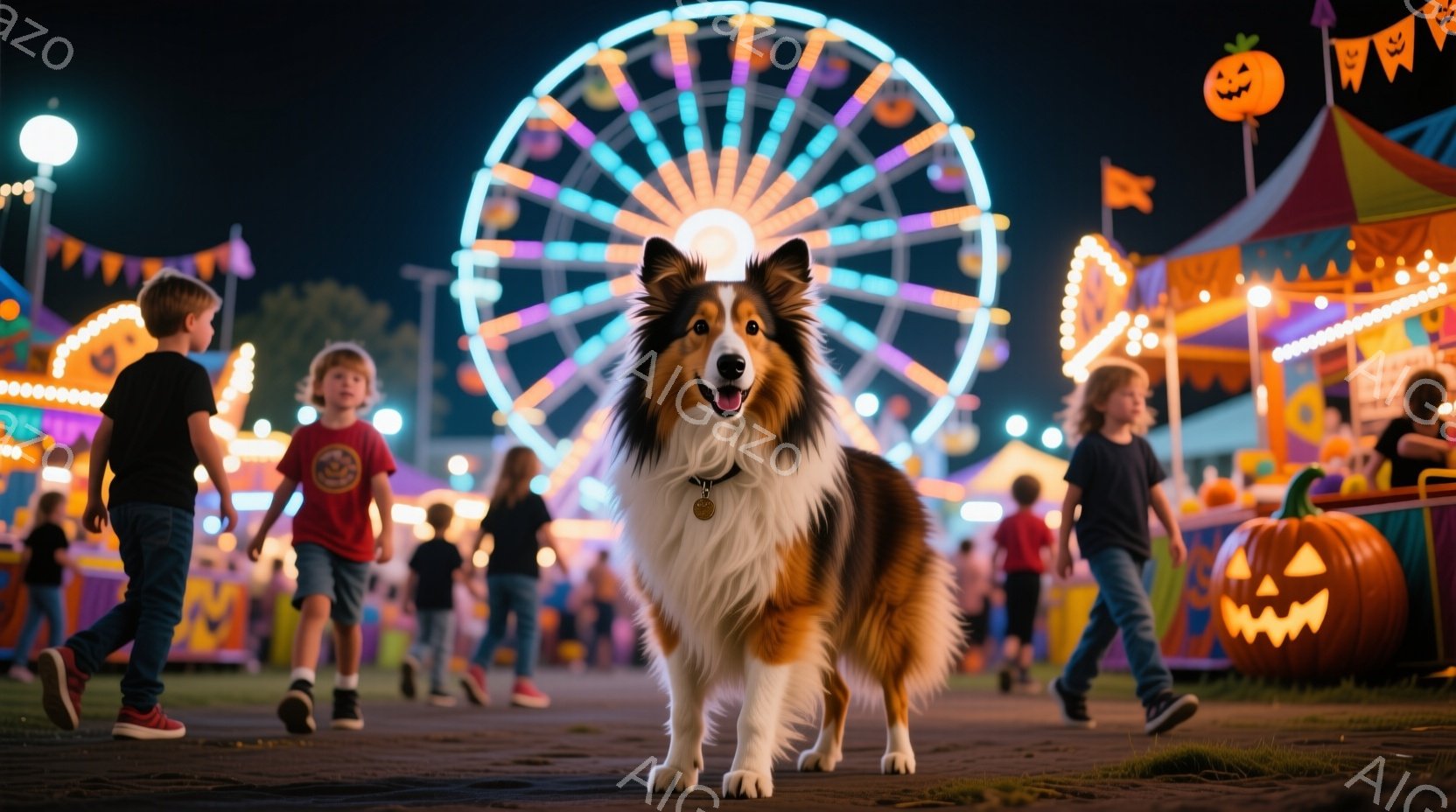 遊園地の夜を舞台に、美しい毛並みのシェットランドシープドッグが正面を向いて立っている。背景には、ライトアップされた観覧車やゲームブース、そして人々が行き交う賑やかな様子が見える。全体的にハロウィーンを - AI生成フリー素材