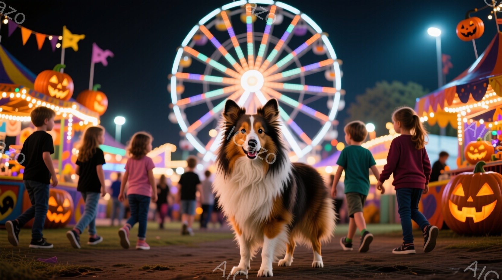 夜の遊園地を背景に、美しいコリー犬が正面を見据え立っている。背景には、明るく輝く観覧車やハロウィーンの装飾が施された建物、人々が歩いている様子がぼやけながら見え、秋の夜の賑やかな雰囲気を醸し出している - AI生成フリー素材