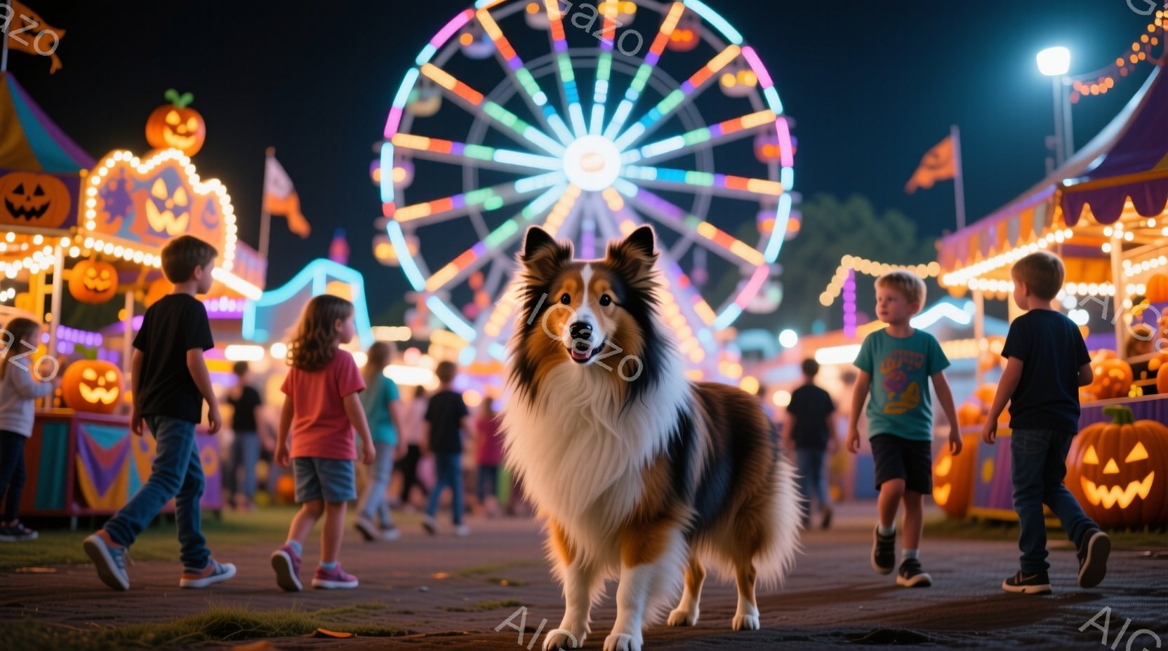 遊園地の夜、コリー犬が正面を歩いており、背景にはぼやけた人々が歩いている様子が映っています。人々はカジュアルな服装で、子供たちはＴシャツと短パンを着ています。背景には、光り輝く観覧車やハロウィーンの装飾が施された建物があり、夜の遊園地の賑やかな雰囲気を醸し出しています。