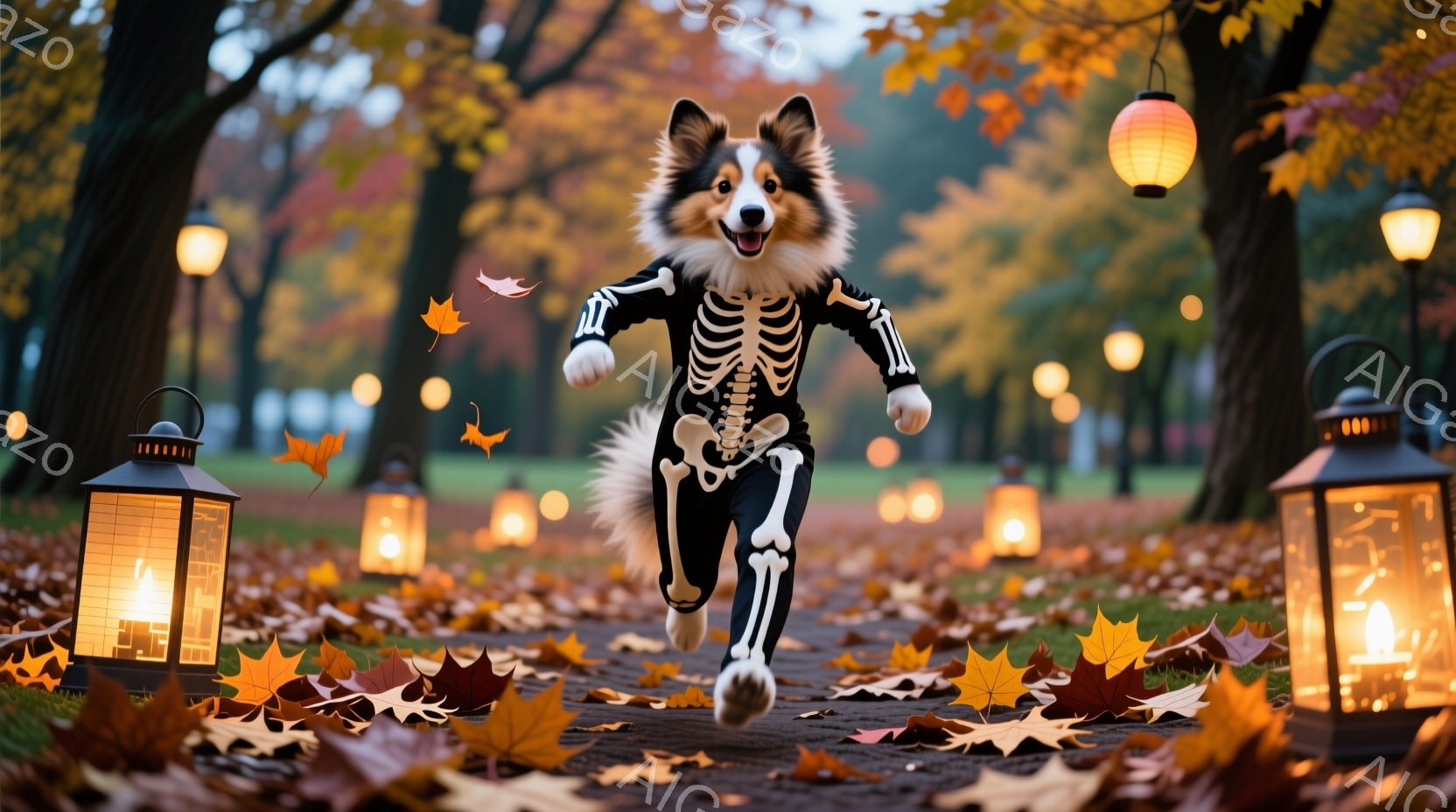 鮮やかなオレンジと赤の落ち葉が敷き詰められた遊歩道を、骨格の衣装を着たコリー犬が軽快に駆けている。背景には、夕暮れ時の柔らかな光に照らされた木々が立ち並び、ハロウィーンのランタンが幻想的な雰囲気を醸し - AI生成フリー素材
