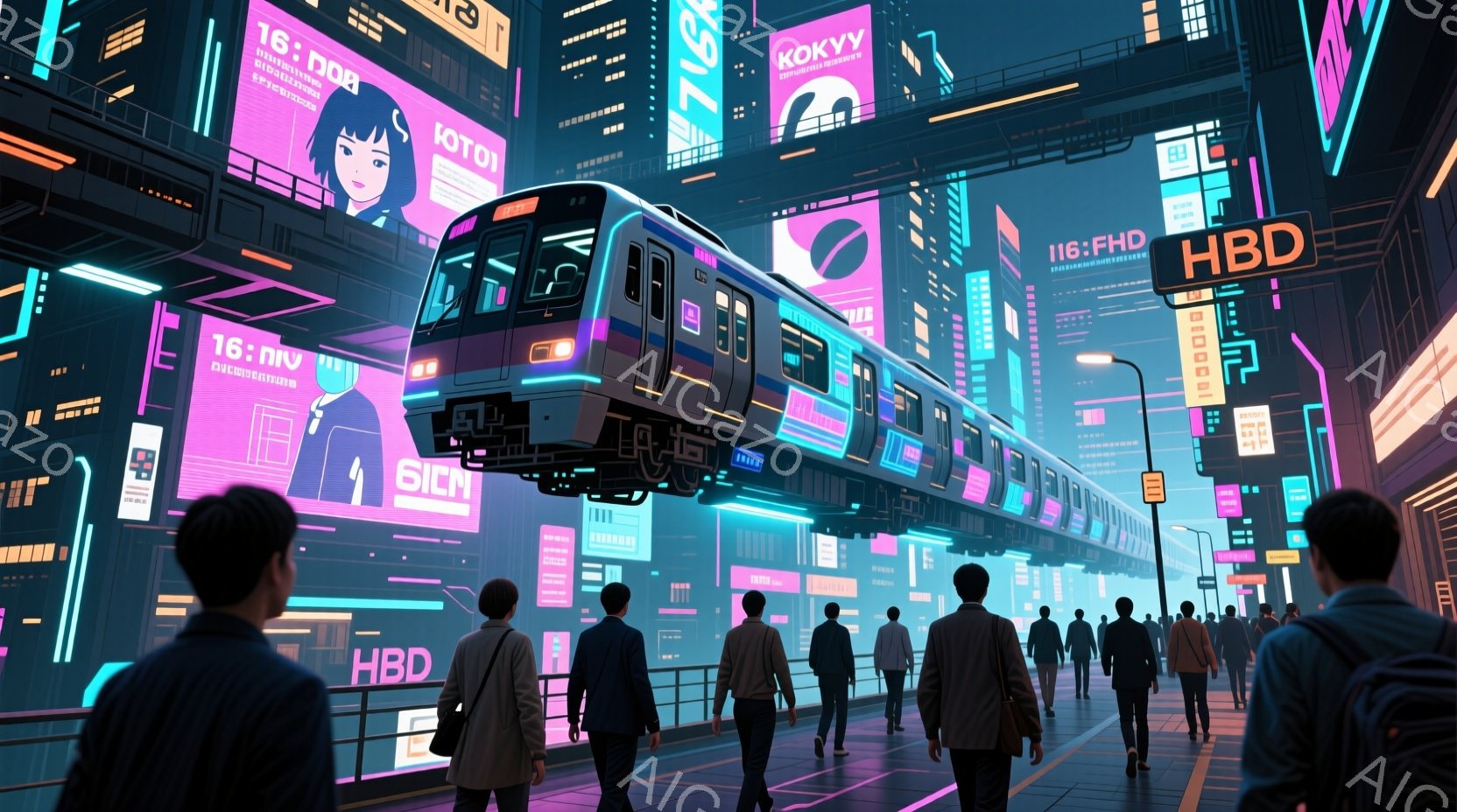 未来都市のプラットフォームを人々が歩いている様子が描かれている。人々は皆、ダークカラーのスーツを着用し、後ろを向いて歩いているため、表情は不明である。背景には、ネオンサインが輝く高層ビル群が立ち並び、未来的な雰囲気を醸し出している。