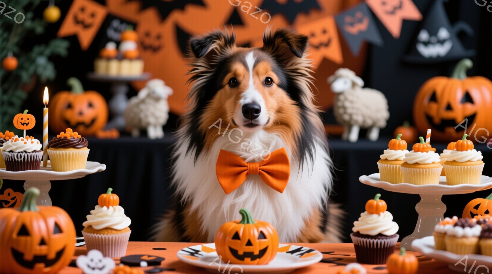 コリー犬がオレンジ色の蝶ネクタイをつけ、正面を見つめています。背景にはハロウィーンをテーマにした飾り付け、カボチャ、お菓子が並び、お祝いムードを演出しています。全体的に暖かく、遊び心のある雰囲気で、ハ - AI生成フリー素材