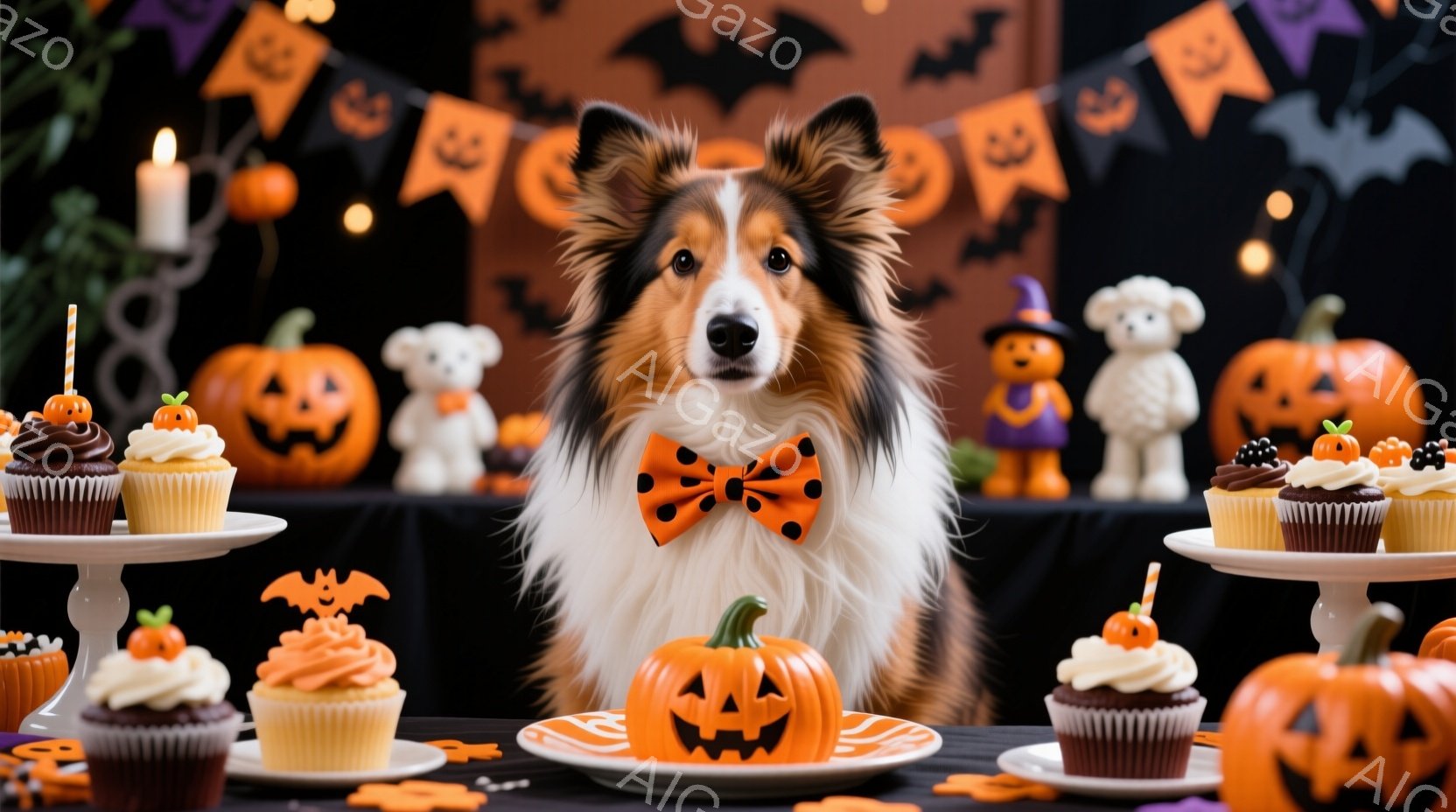 コリー犬がオレンジ色の蝶ネクタイをつけ、ハロウィーンの飾り付けられたテーブルの前に座っています。テーブルの上には、カボチャの形をしたカップケーキや小さなカボチャの置物、可愛らしいお化けの置物などが並べ - AI生成フリー素材