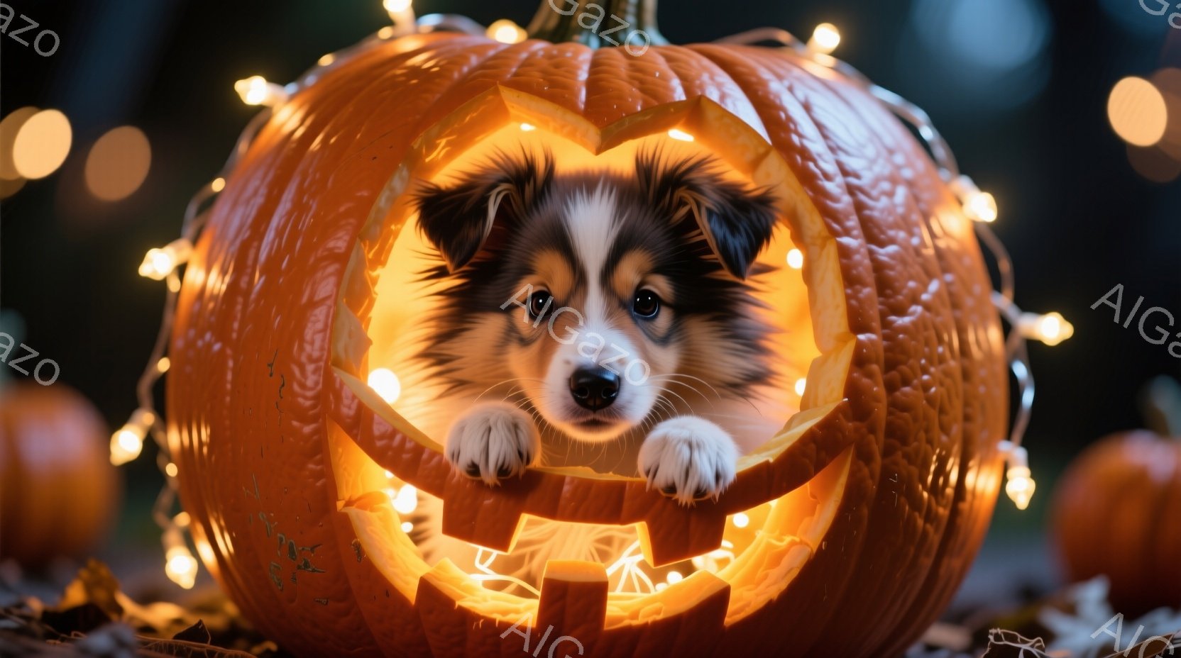 鮮やかなオレンジ色のジャック・オー・ランタンの中に、小さな子犬が顔を出しています。子犬は茶色と白の毛並みで、前足を出して好奇心旺盛な表情をしています。背景にはぼやけたオレンジ色のカボチャと、暖かく輝く - AI生成フリー素材