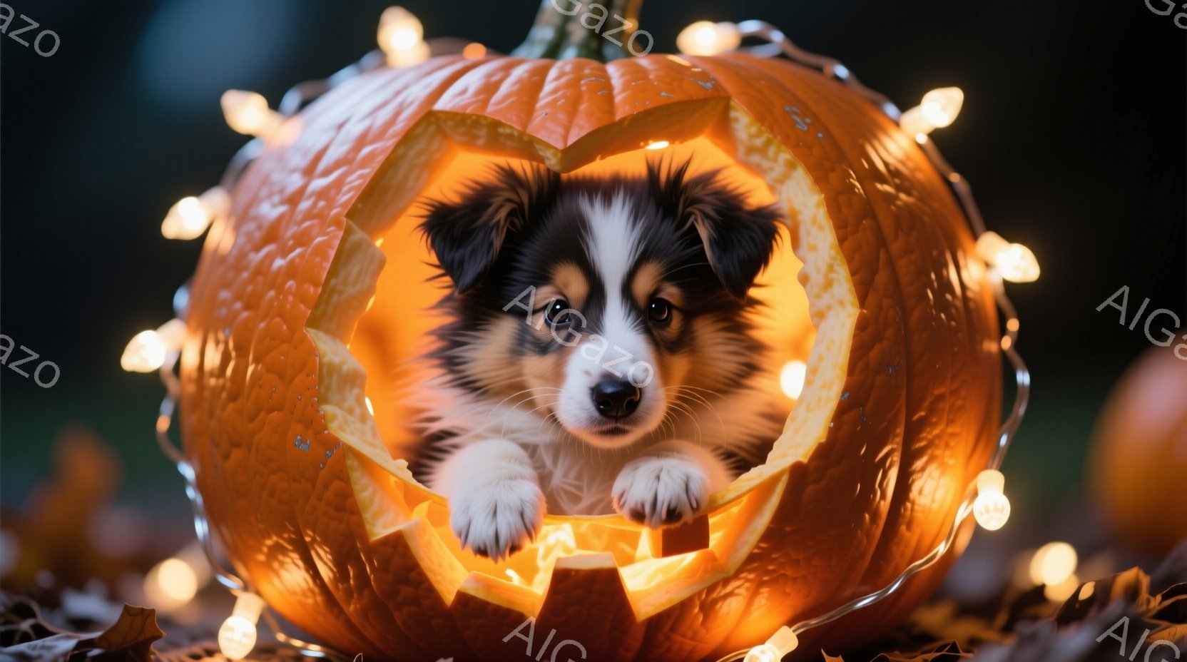小さな白い足と茶色と黒の毛並みを持つ子犬が、くり抜かれたオレンジ色のカボチャの中に座っています。子犬は前足をカボチャの縁にかけ、興味深そうな表情でカメラを見つめています。背景には、ぼやけた自然の地面と、カボチャの周りを彩る暖かい光のイルミネーションが広がっており、ハロウィーンの温かく可愛らしい雰囲気を演出しています。