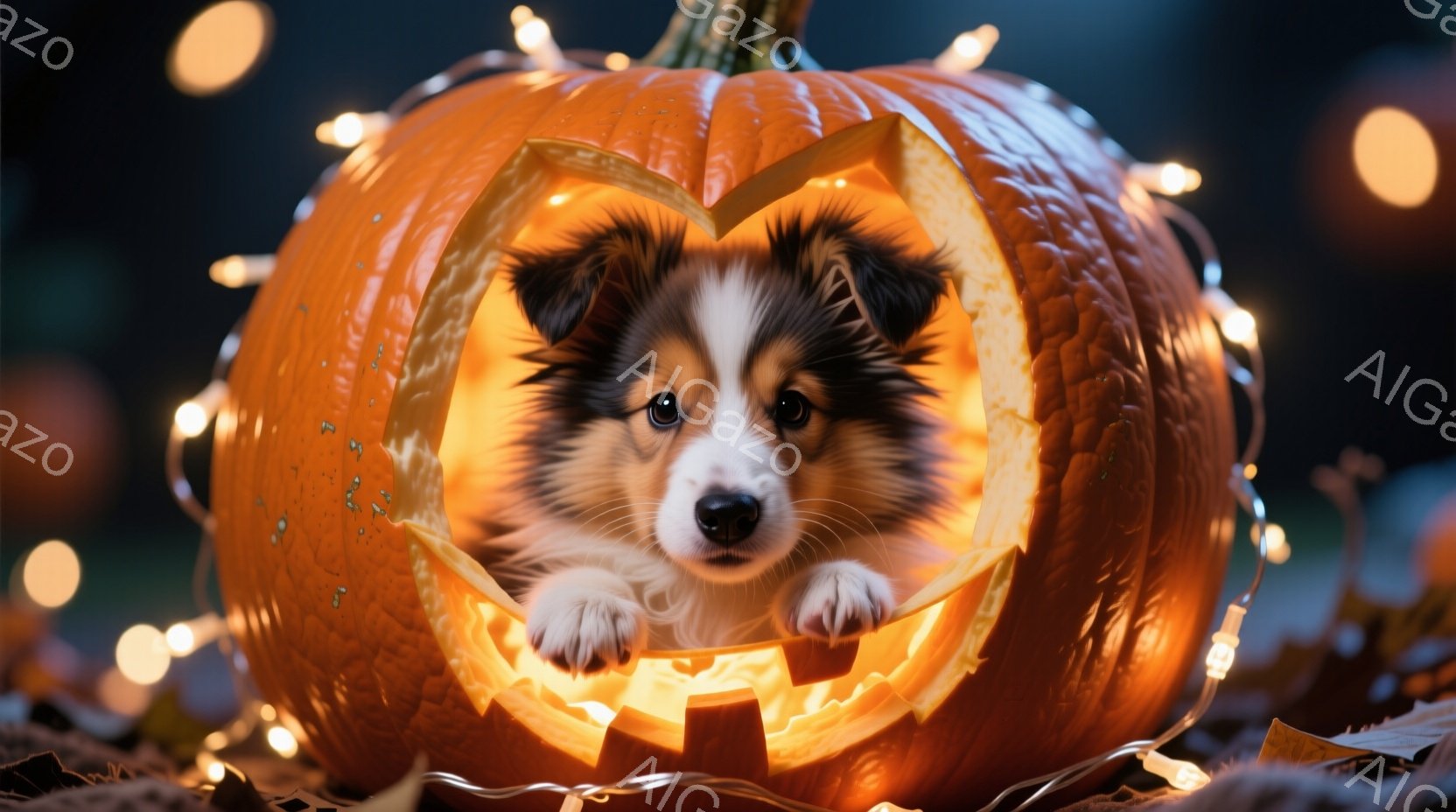 可愛らしい子犬が、くり抜かれたハロウィンのカボチャの中に座っています。子犬は茶色と白の毛並みで、好奇心いっぱいの表情で正面を見ています。背景にはぼやけた光のストリングライトと落ち葉があり、暖かく、お祝 - AI生成フリー素材