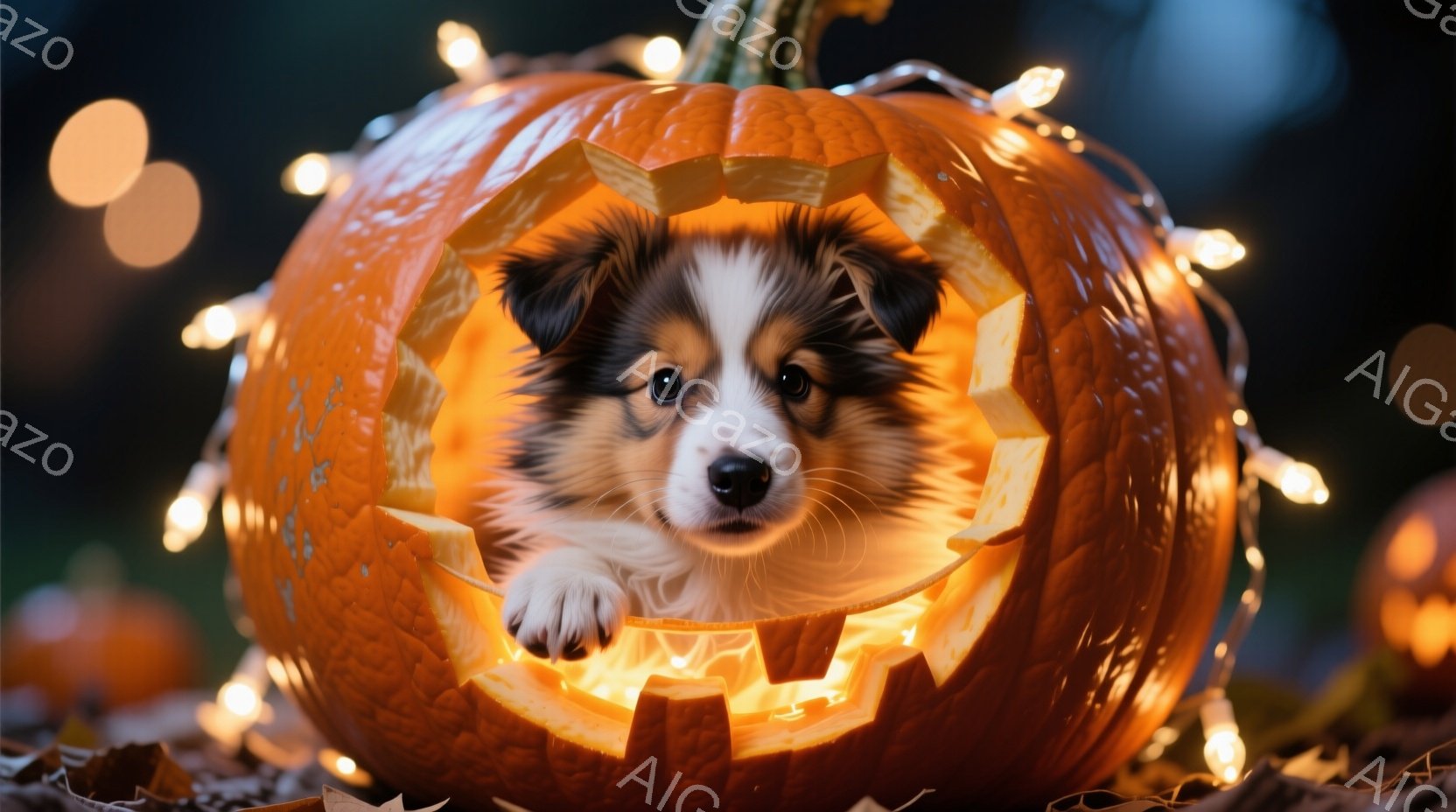小さな茶色の毛並みの犬が、くり抜かれたオレンジ色のカボチャの中に顔を出しています。犬は正面をまっすぐ見ており、好奇心と少しの戸惑いが入り混じった表情をしています。カボチャの周りには、ぼんやりとした光の - AI生成フリー素材