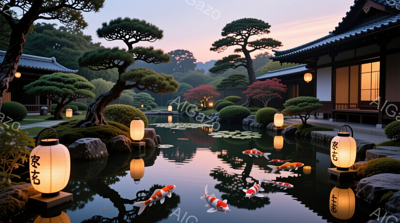 静かな池には、色鮮やかな鯉が優雅に泳いでおり、水面には周囲の木々や灯籠が映り込んでいる。背景には、伝統的な様式の建物が見え、鮮やかな紅葉と緑豊かな木々が、穏やかな夕暮れの空の下で美しいコントラストを生 - AI生成フリー素材