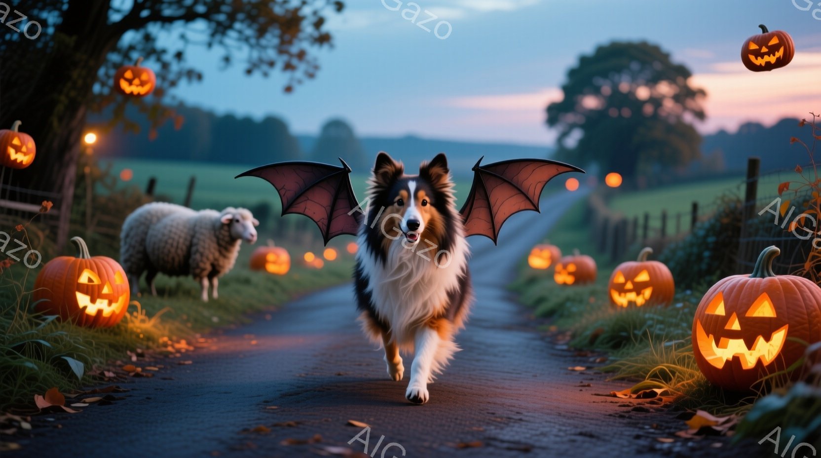 広大な牧草地を抜ける道には、ハロウィーンの装飾であるジャック・オー・ランタンが並び、その中央をコリー犬がバットマンのように翼を付けて駆けている。犬は元気いっぱいで、楽しそうに前を見据えている。背景には緑豊かな草地と、夕焼け空が広がり、穏やかで幻想的な雰囲気を醸し出している。