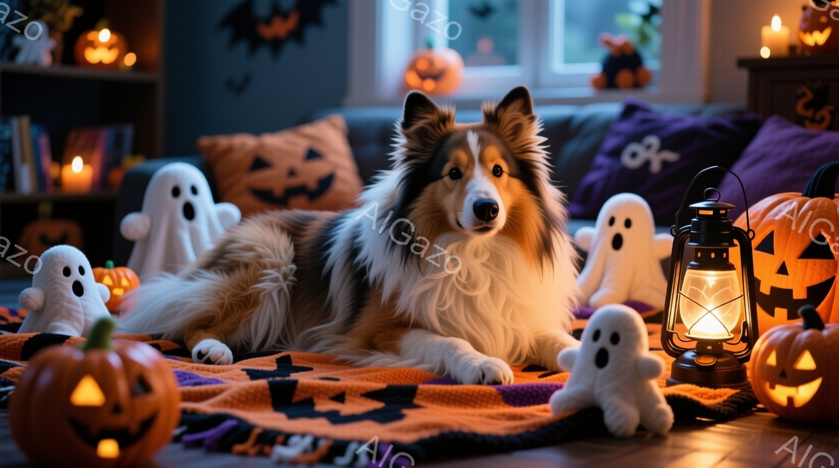 長毛のコリー犬が、ハロウィーンをテーマにした毛布の上でリラックスして横たわっています。周りには、ジャック・オー・ランタンや可愛らしいお化けのぬいぐるみが置かれ、背景にはハロウィーンの装飾が施された部屋 - AI生成フリー素材