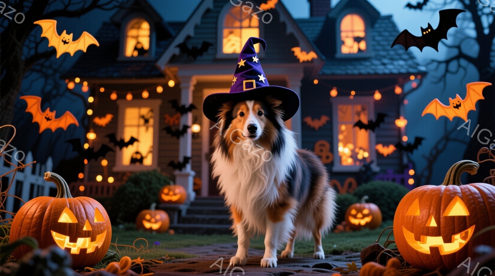 コリー犬がハロウィーンの魔女帽子をかぶり、正面を向いて立っている。背景には、オレンジ色の光で照らされたジャック・オー・ランタンや、ハロウィーンの装飾が施された屋敷が広がり、夜空にはコウモリが舞っている。全体的に、ハロウィーンの夜の暖かく、お祝いムードが漂う光景である。