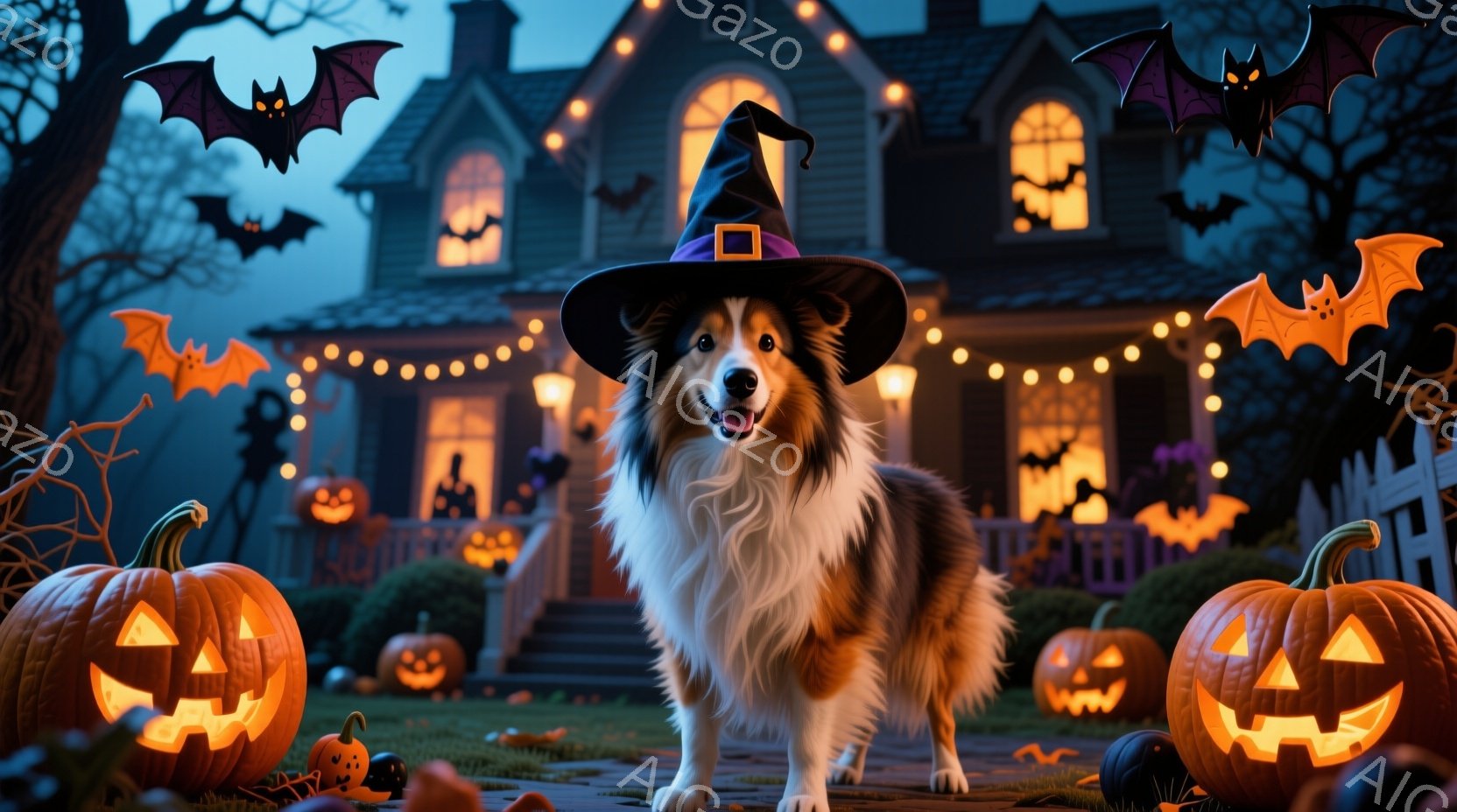 コリー犬がハロウィーンの魔女帽子をかぶり、正面を見つめて立っている。背景には、カボチャランタンやコウモリで飾られた家があり、夜の庭はハロウィーンの雰囲気で満ちている。全体的に、暖かく、お祝いムードのあ - AI生成フリー素材