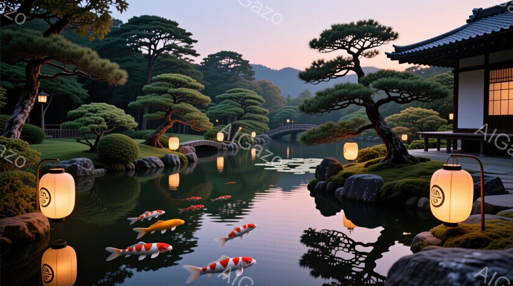 静かな庭園には、鯉が泳ぎ、水面に光が反射している。庭には石の灯篭が並び、水辺には緑の苔と岩が点在し、日本の伝統的な美しさを際立たせている。背景には、屋根付きの建物と緑豊かな木々が広がり、穏やかで平和な - AI生成フリー素材