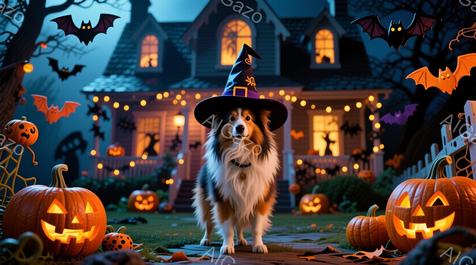 コリー犬が、ハロウィーンをテーマにした飾り付けられた柵の前に座っています。犬はオレンジと黒のフリンジ付きのスカーフを巻いており、表情は穏やかで、少しだけ正面を見つめています。背景には、散り葉と様々な大 - AI生成フリー素材