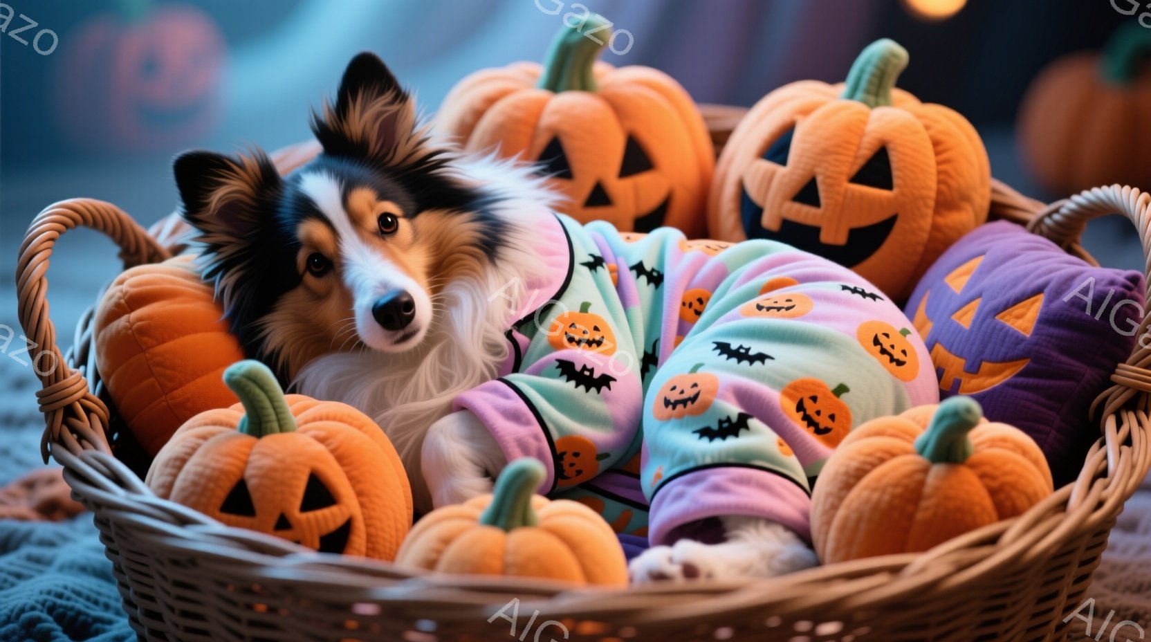 長毛のコリー犬が、ハロウィーンをテーマにしたカボチャ柄のセーターを着て、カボチャのぬいぐるみで満たされたバスケットの中に座っています。犬はリラックスした表情で、優しい眼差しでカメラを見ています。背景は - AI生成フリー素材