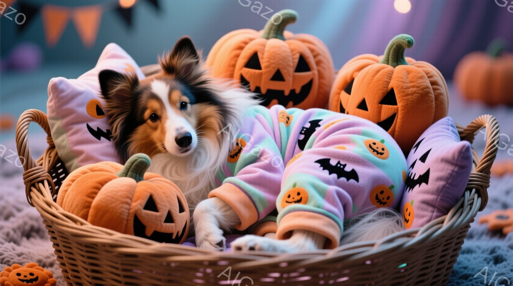 ハロウィンテーマを持つポストカード写真です。中央には小型犬が寝ており、その周りは多くの小さなポップアップピンポンとパンプキンが詰められています。この、様々なカラーバリエーションで出版される可能性があります。犬は紫色のハルツィングと白色のマウンテンドッグの混合で、寝ている姿勢でポーズしており、雰囲気としては安らぎを続くような雰囲気が感じられます。背景には、照明されたホッスピーのようなポンプキンと星型のパンプキンが見えます。