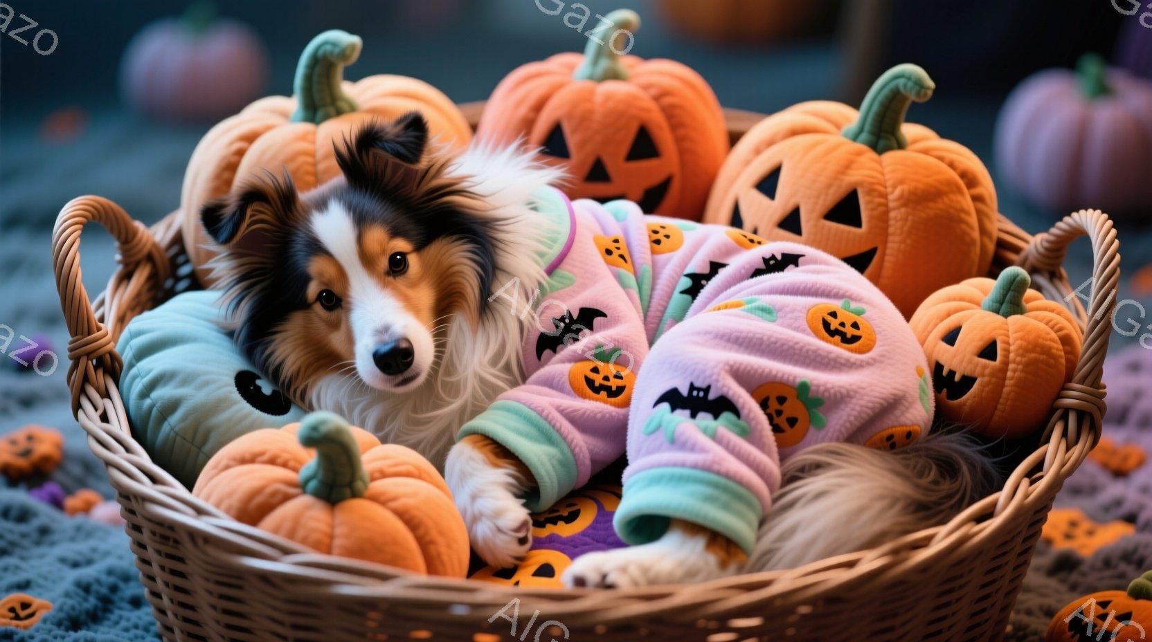 長毛のシェットランド・シープドッグが、ハロウィーンをテーマにした衣装を着て、カボチャに囲まれたバスケットの中に横たわっています。衣装は薄紫色で、コウモリとジャック・オ・ランタンがプリントされています。 - AI生成フリー素材