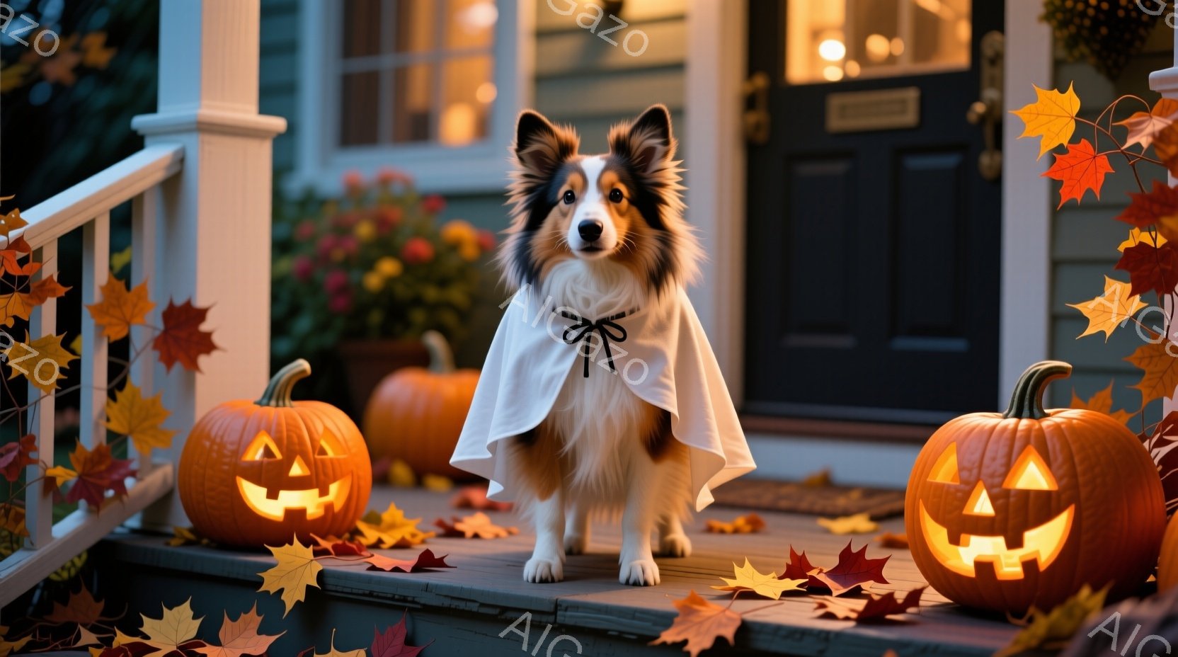 白と茶色のボーダーコリーが、ハロウィーンの仮装で白いマントを羽織り、正面を向いて立っている。家の階段にはオレンジ色のジャック・オ・ランタンが置かれ、周りには落ち葉が散らばっている。背景には、点灯した玄関と花が飾られたポーチが見え、秋の暖かい雰囲気とハロウィーンの喜びが感じられる。