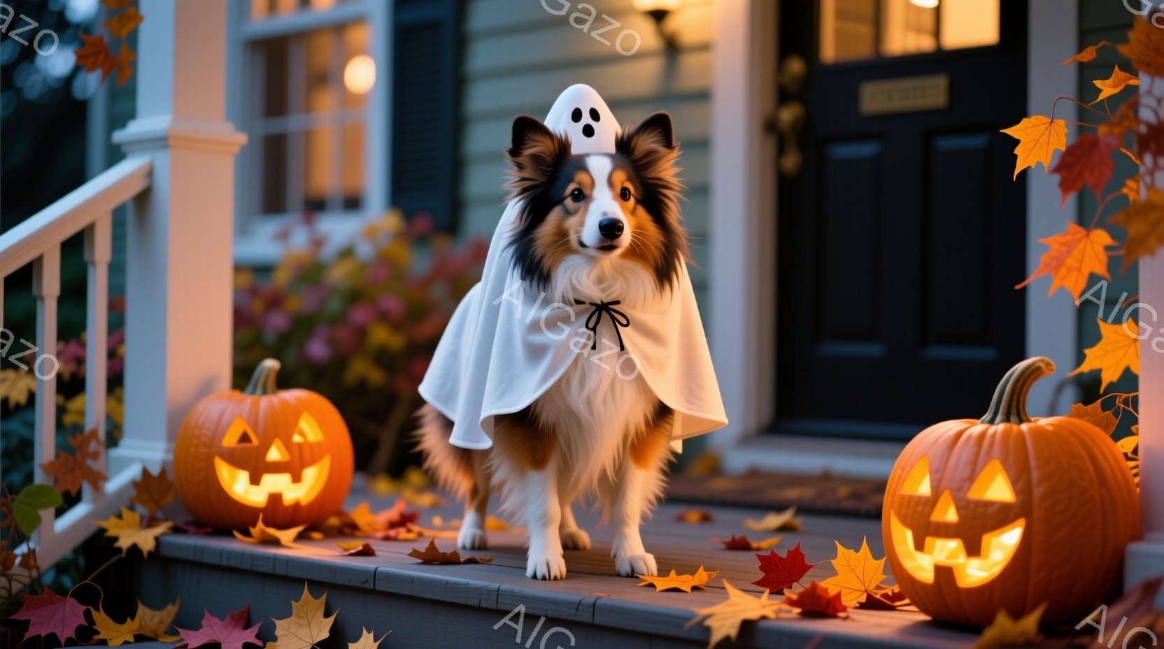 ゴールデンレトリバーのような犬が、ハロウィーンの仮装で幽霊の衣装を着て階段の上に立っています。周囲にはオレンジ色のカボチャが置かれ、落ち葉が散らばっており、ハロウィーンの雰囲気を醸し出しています。建物は木造で、暖色の光が灯っており、秋の穏やかな夜の様子が伝わってきます。