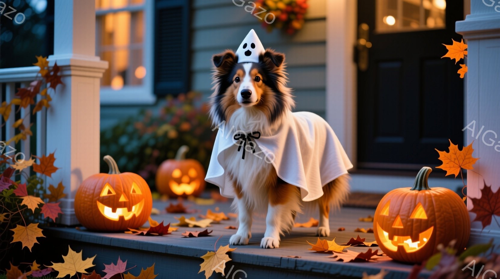 茶色のボーダーコリーがハロウィーンのゴーストの衣装を着て、玄関の階段に立っています。オレンジ色のカボチャのランタンが階段の両側に並び、地面には紅葉が散らばっています。暖色系の光が、秋の雰囲気とハロウィ - AI生成フリー素材