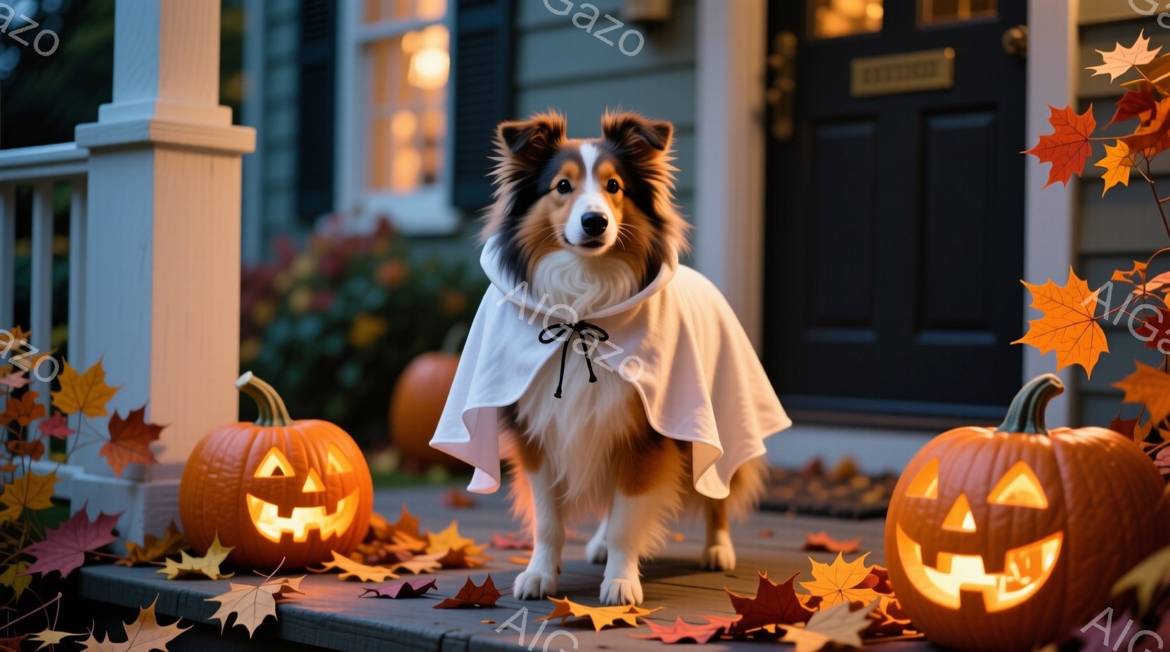 白と茶色のボーダーコリーが、ハロウィーン用の白いマントを羽織って正面を向いて立っています。周囲にはオレンジ色のカボチャが配置され、地面には紅葉した葉が散らばっています。背景には薄暗い家と植物が見え、ハ - AI生成フリー素材