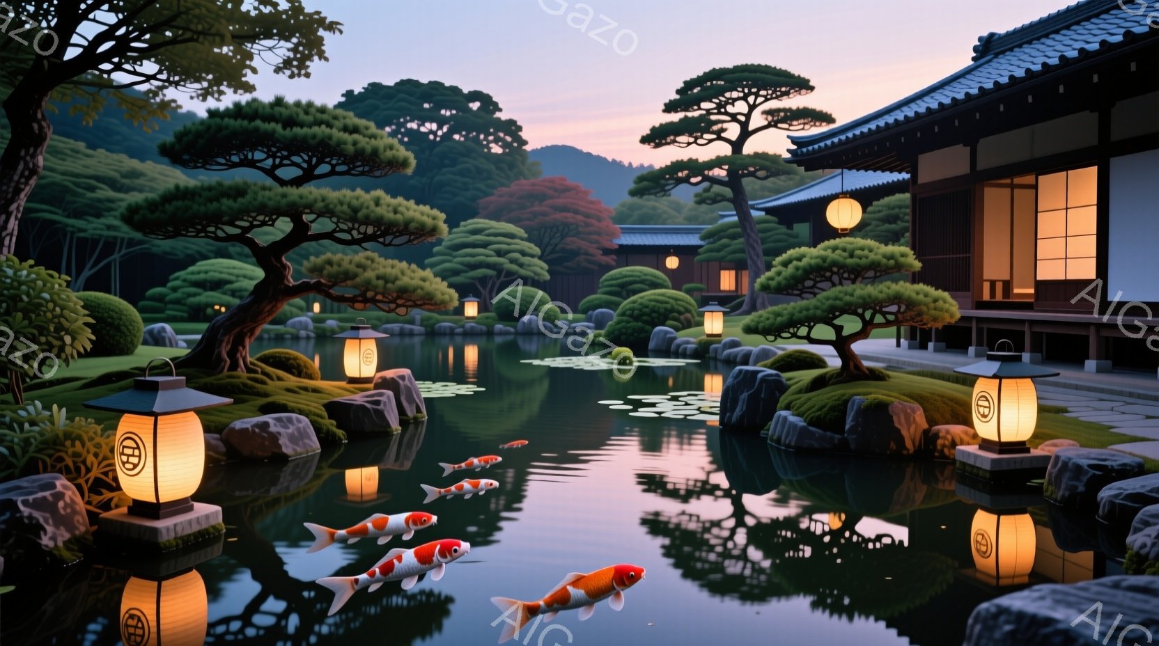 静かな池には赤い鯉が泳ぎ、周りには手入れの行き届いた庭園が広がっています。背景には伝統的な日本の建物が見え、夕暮れ時の穏やかな光が全体を包み込んでいます。庭園内の石灯籠が水面に反射し、幻想的で平和な雰 - AI生成フリー素材