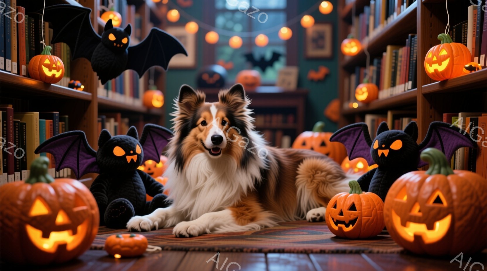 長毛のシェットランドシープドッグが、ハロウィーンの装飾に囲まれた床に横たわっています。背景には本棚が並び、カボチャのランタンや黒いコウモリの飾り付けが散りばめられており、暖かくお祝いムードに満ちています。カボチャのランタンは様々な大きさで配置され、犬の周りを明るく照らし、ハロウィーンらしい雰囲気を高めています。