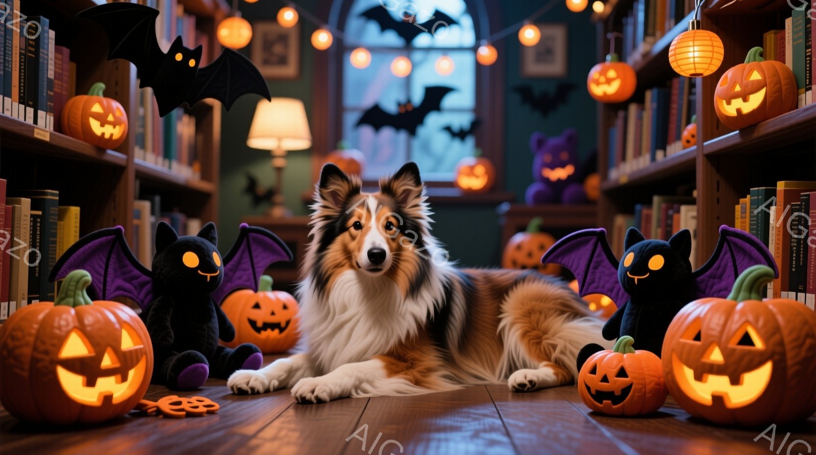 長毛のコリー犬が木の床に横たわっており、周囲にはハロウィーンの装飾が散りばめられています。背景には本棚が並び、カボチャのランタン、黒いコウモリのぬいぐるみ、オレンジ色の光が暖かく照らしています。ハロウ - AI生成フリー素材