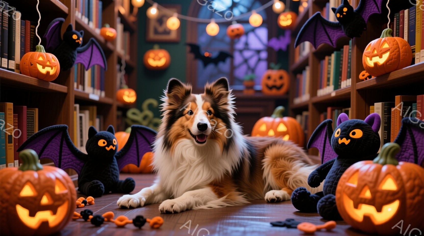 長い毛並みのシェットランドシープドッグが、ハロウィーンの飾り付けがされた部屋でくつろいでいます。背景にはオレンジ色のジャック・オー・ランタンや黒い蝙蝠のぬいぐるみ、本棚が並び、暖かく幻想的な雰囲気です。床にはカラフルな葉が散らばり、秋のハロウィーンの季節感を演出しています。