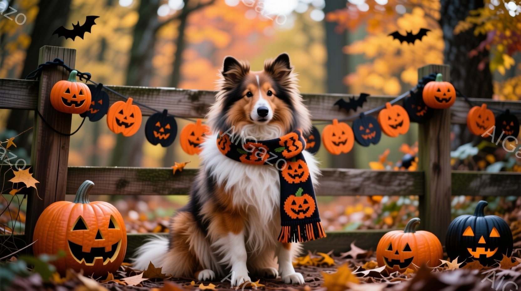 コリー犬が、ハロウィーンの飾り付けがされた柵の前で座っています。オレンジと黒の縞模様のスカーフを巻いており、背景には彫刻されたカボチャと、落ち葉が散らばる秋の風景が広がっています。全体的に暖かく、お祭 - AI生成フリー素材