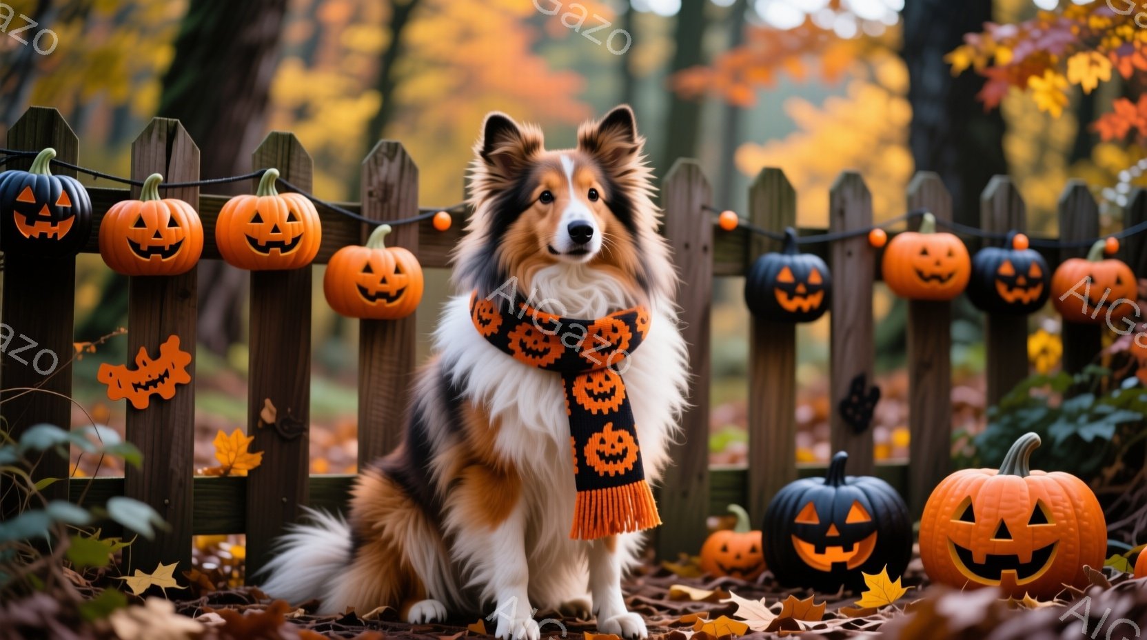 長毛のコリー犬が、ハロウィーンをテーマにしたオレンジと黒のストライプのスカーフを巻いて座っています。背景には木製の柵があり、その上にジャック・オー・ランタンの飾りと落ち葉が散らばっています。全体的に秋 - AI生成フリー素材