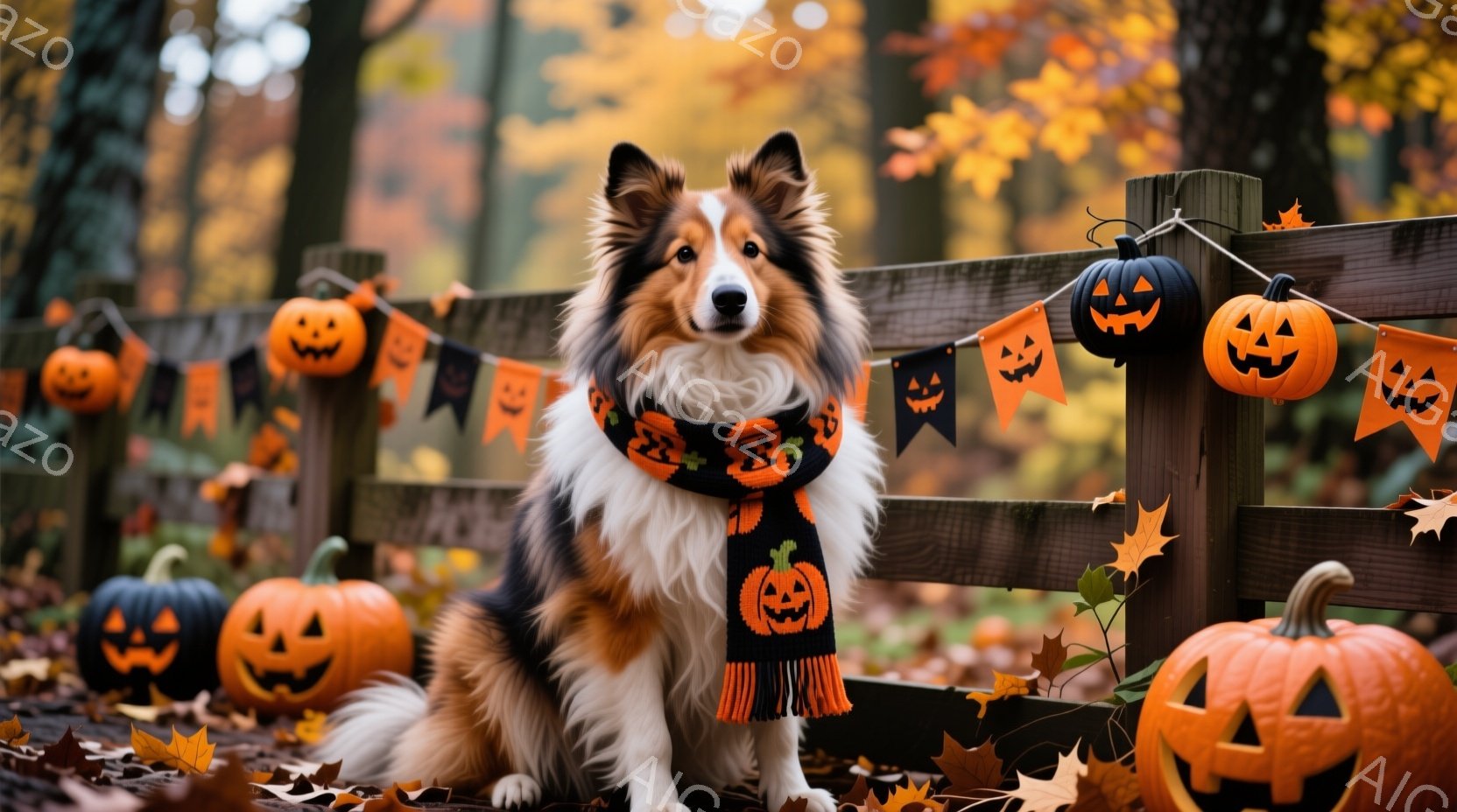 コリー犬がハロウィーンの飾り付けられた木製の柵の前に座っています。黒とオレンジのストライプのショールを首に巻き、穏やかで落ち着いた表情をしています。背景には、様々な大きさのジャック・オー・ランタンと、 - AI生成フリー素材