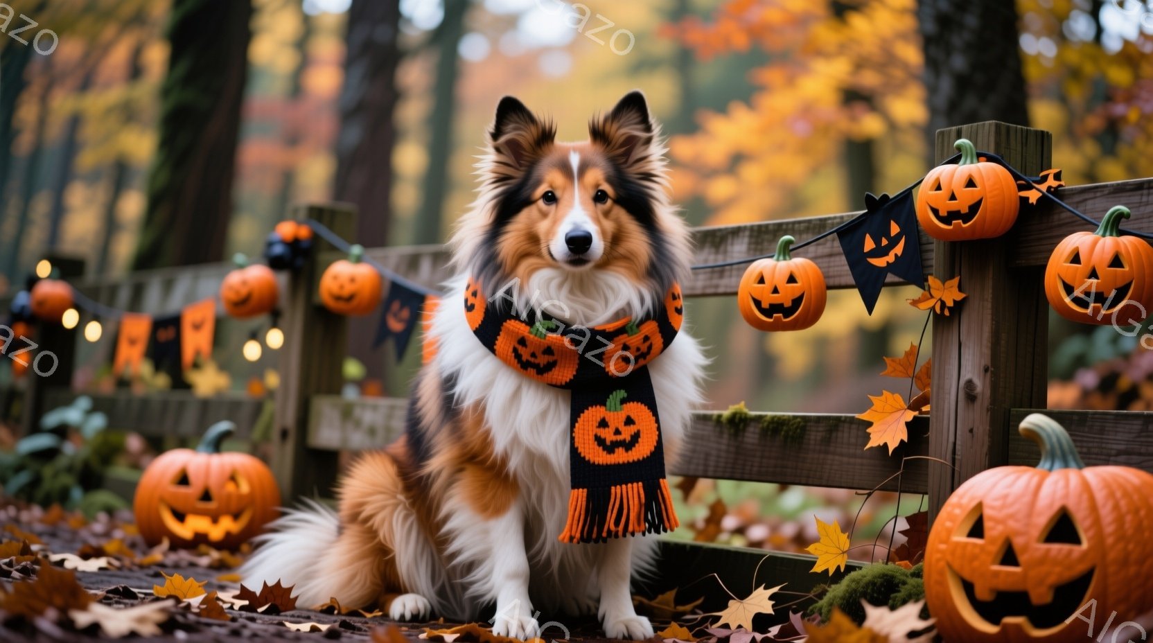 コリー犬がハロウィーンをテーマにしたスカーフを巻いて木製の柵の前に座っています。背景には、たくさんのジャック・オー・ランタンが飾られたフェンスと、落ち葉で覆われた地面、そして鮮やかな紅葉の木々が広がっ - AI生成フリー素材